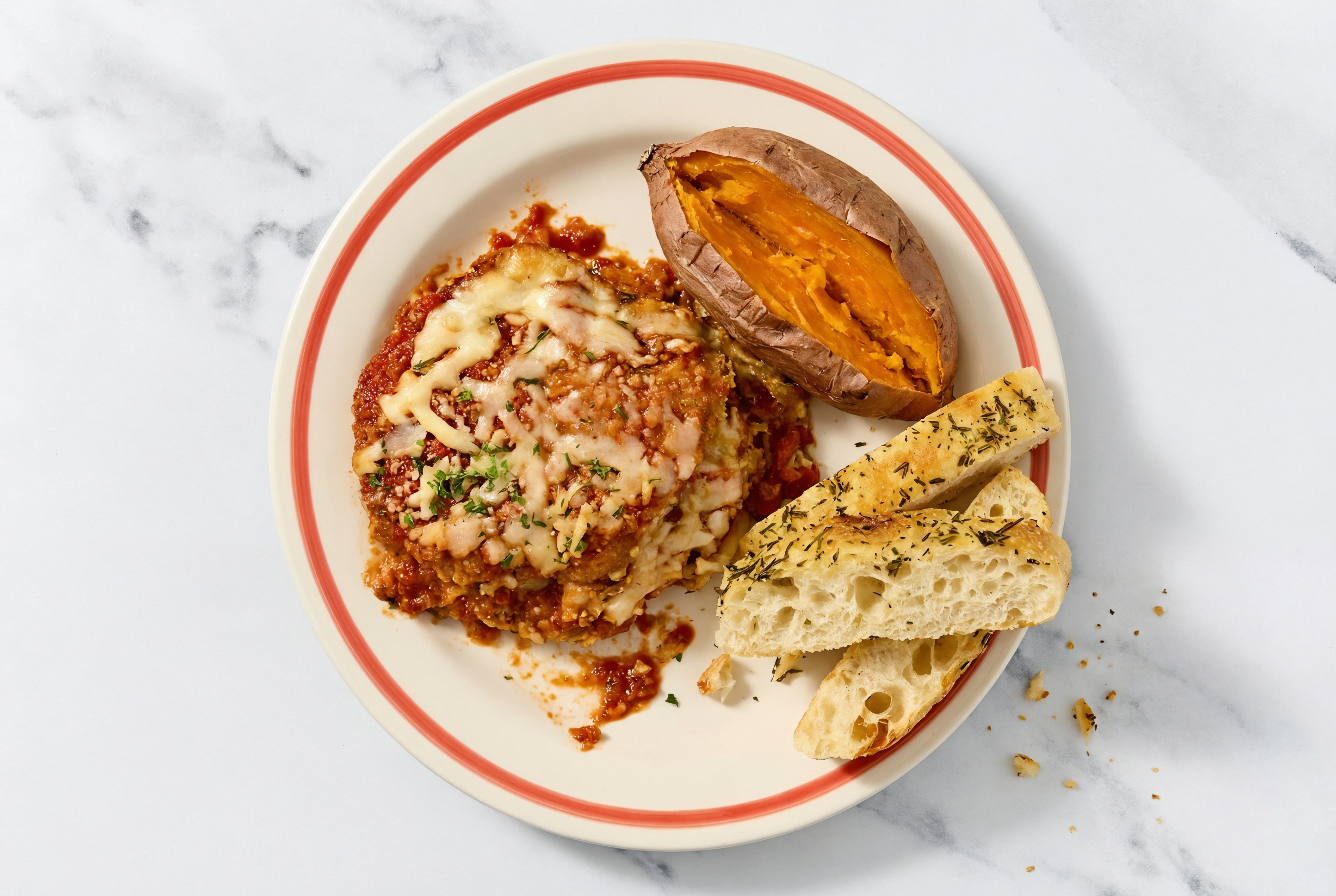 Eggplant Parmesan with Sweet Potato + Focaccia