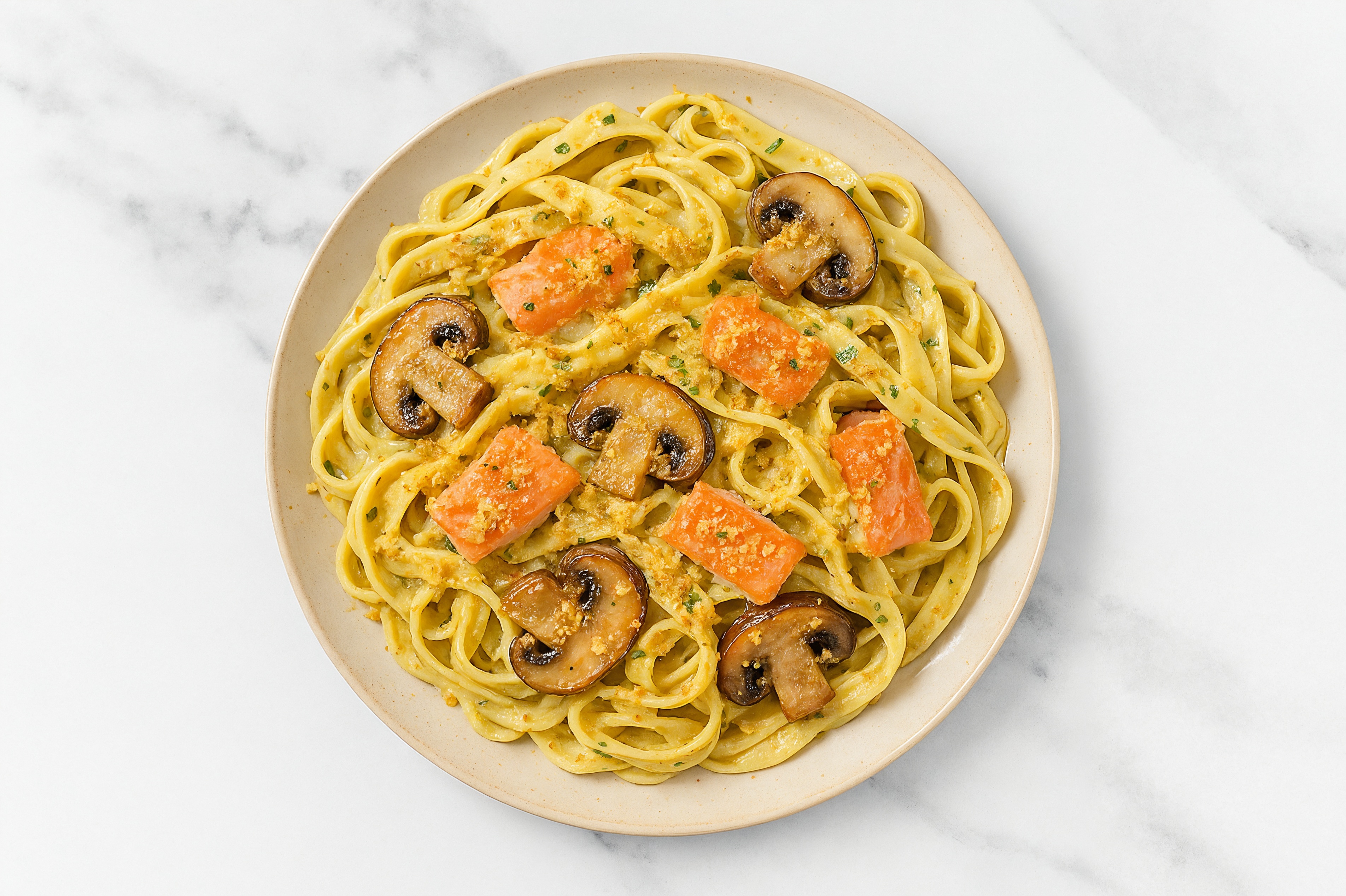 Herby Sockeye Tagliatelle with Baby Mushrooms + Toasted Panko