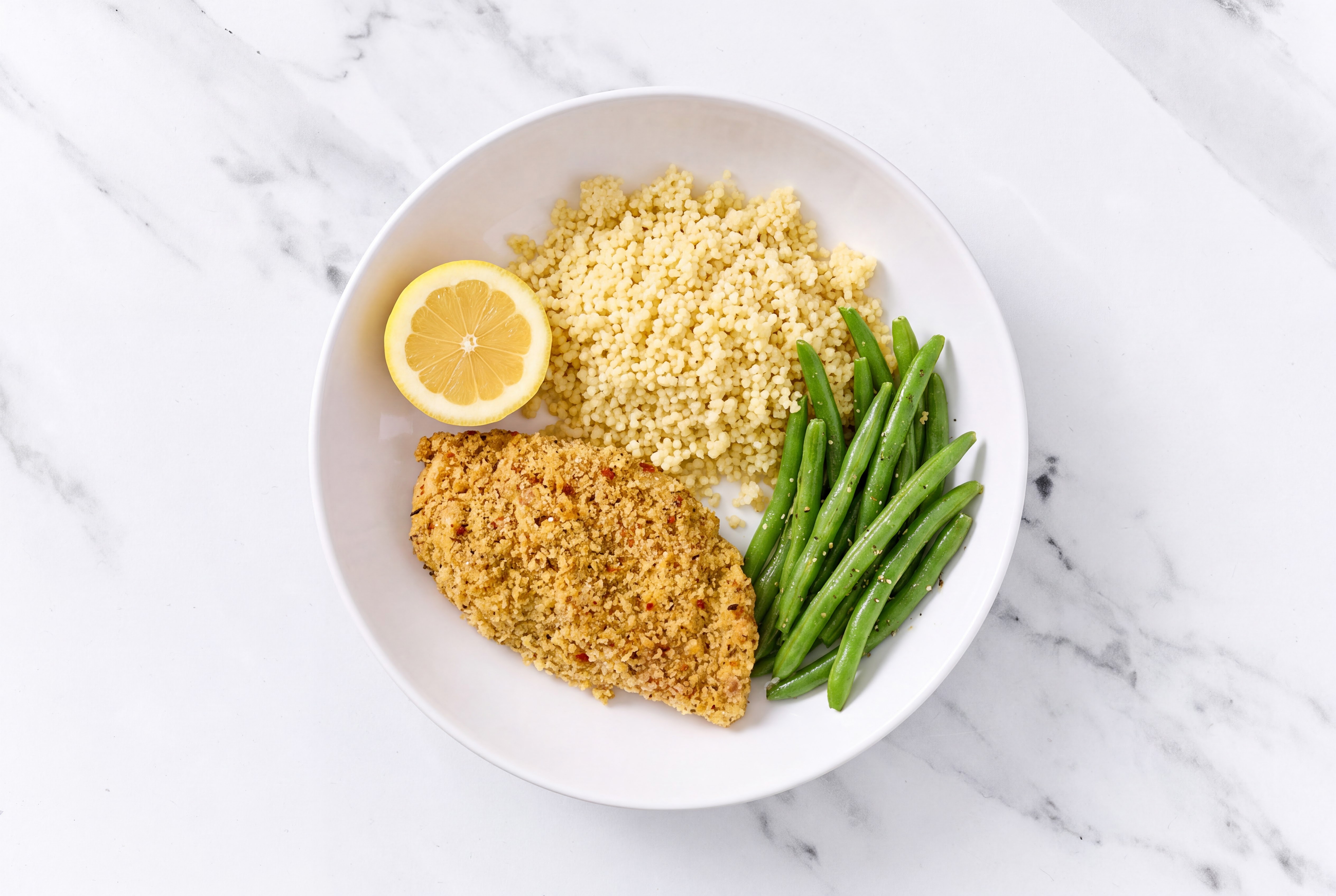 Lemon Parmesan Breaded Chicken Cutlet with Organic Green Beans & Couscous