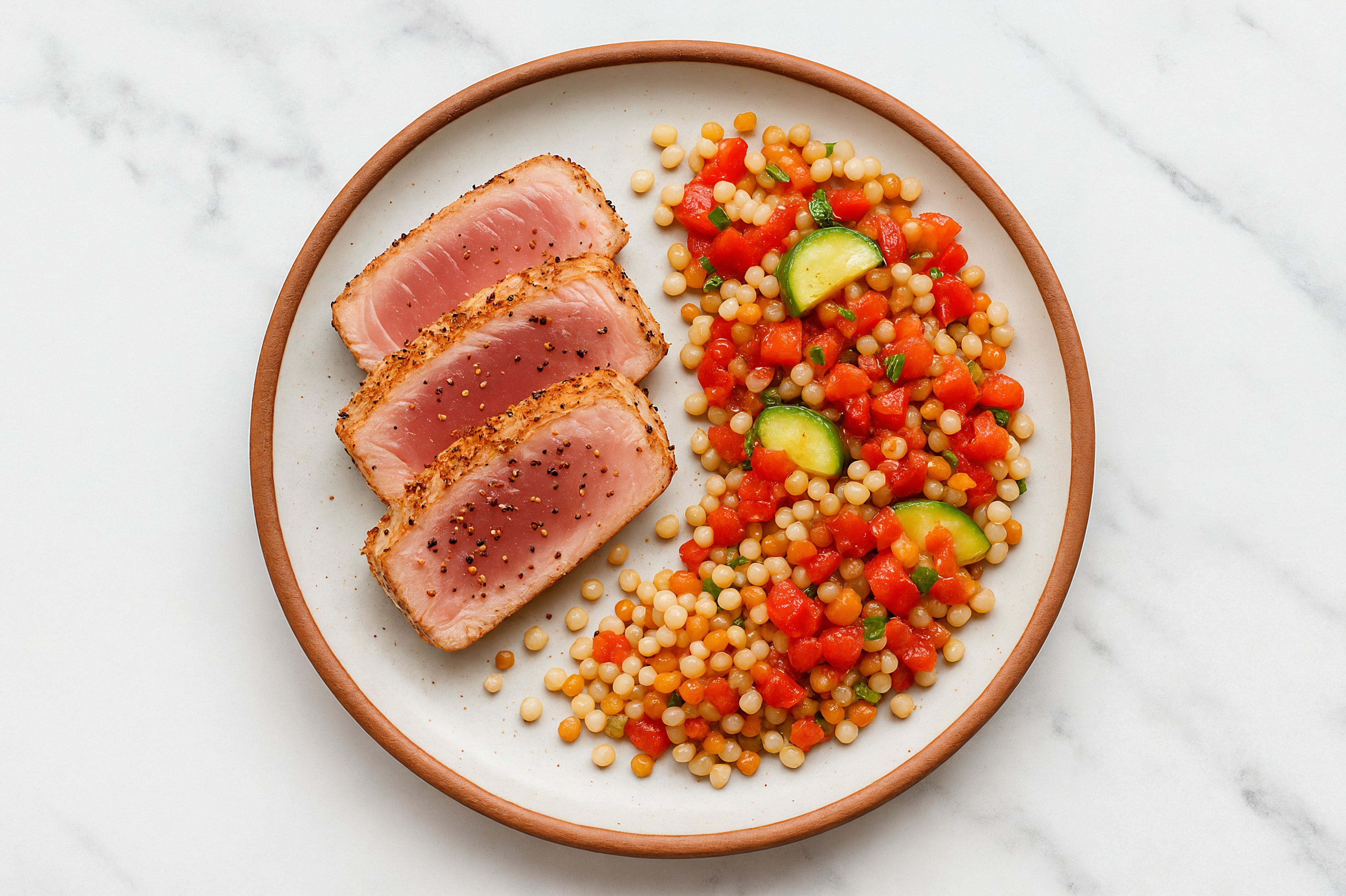 Pepper Tuna Steaks + Fresh Fiesta Cous Cous