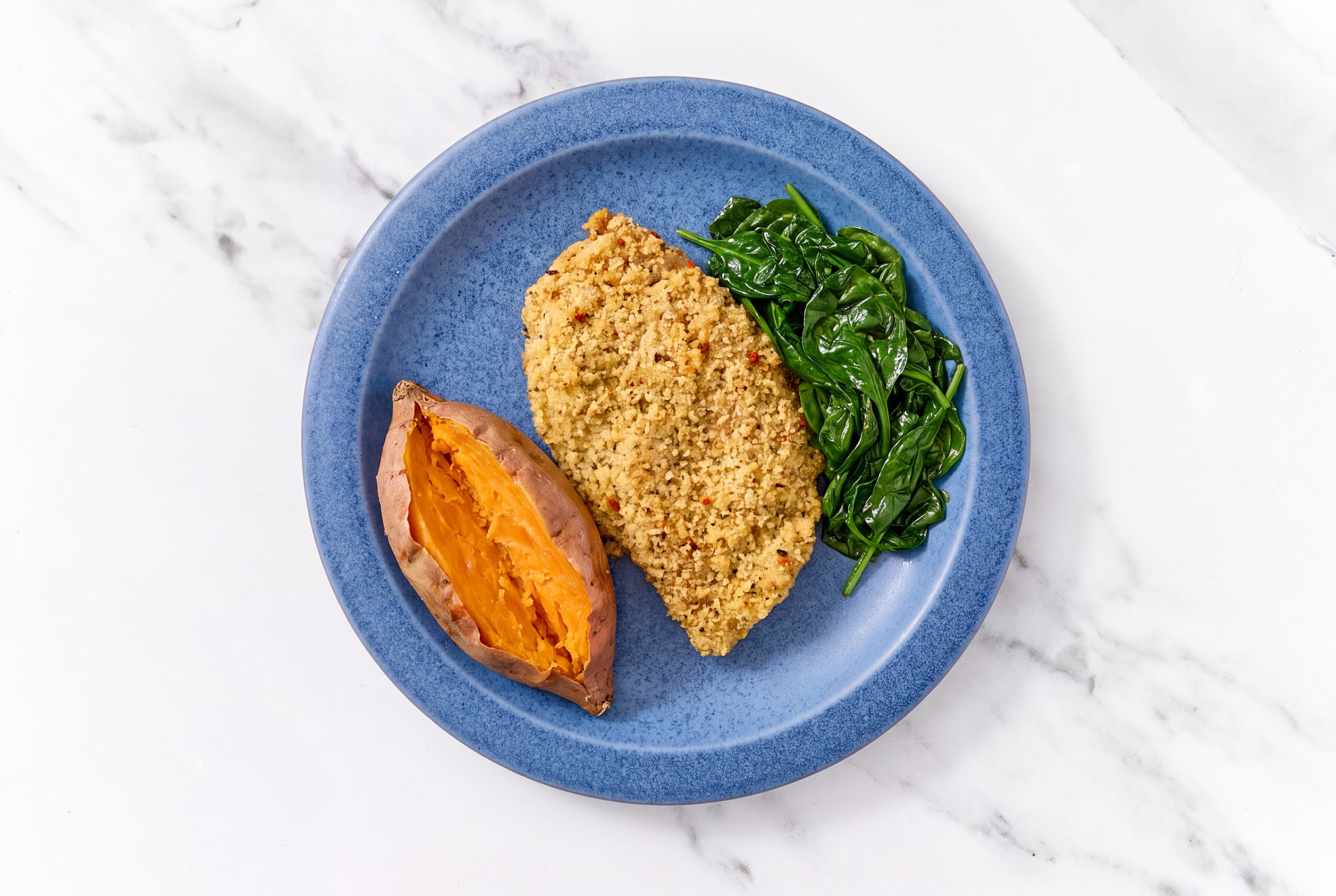Parmesan Breaded Chicken Cutlet with Baby Spinach & Sweet Potato