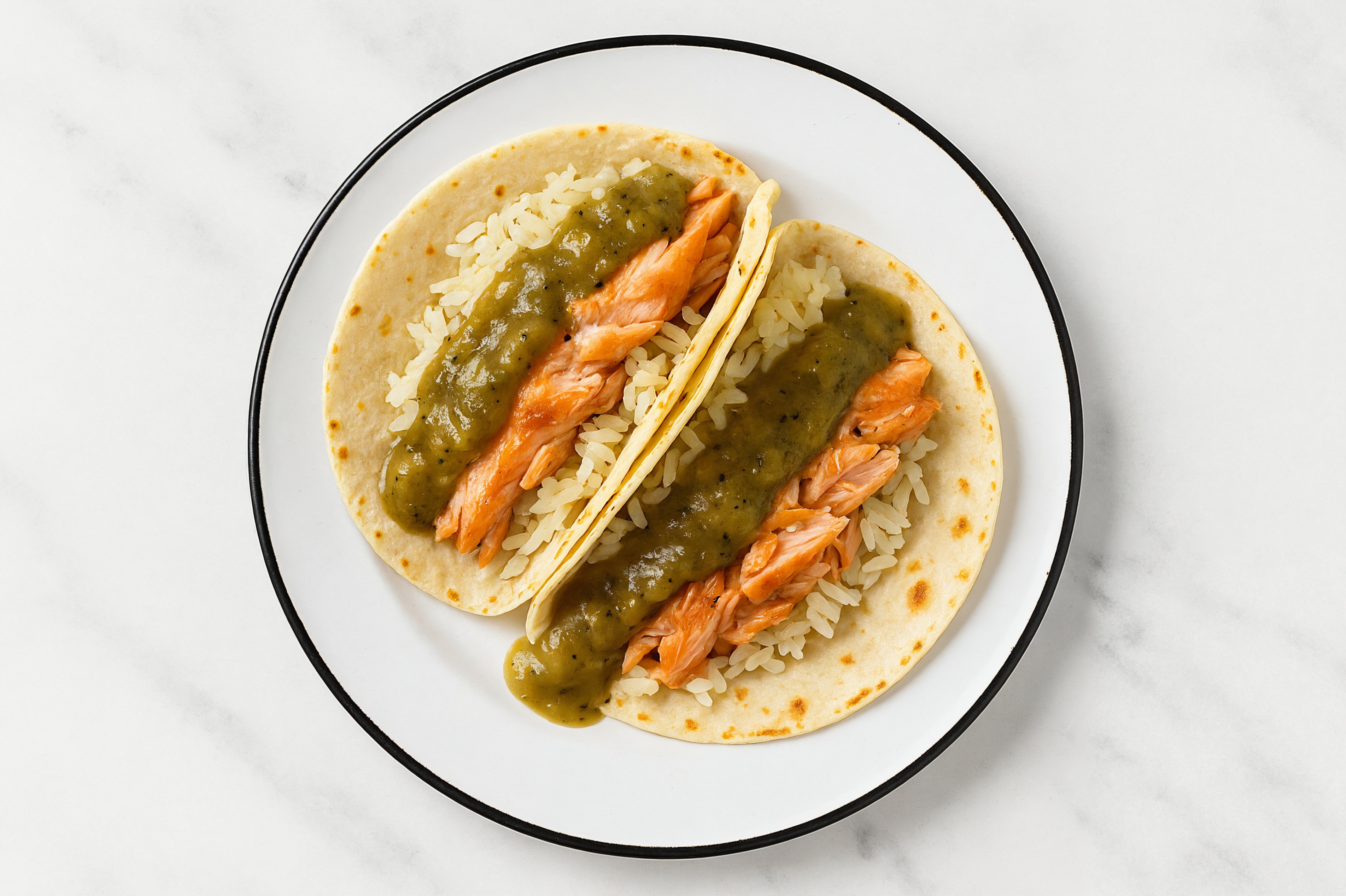 Air Fryer Green Chile Salmon Tacos with Long Grain White Rice