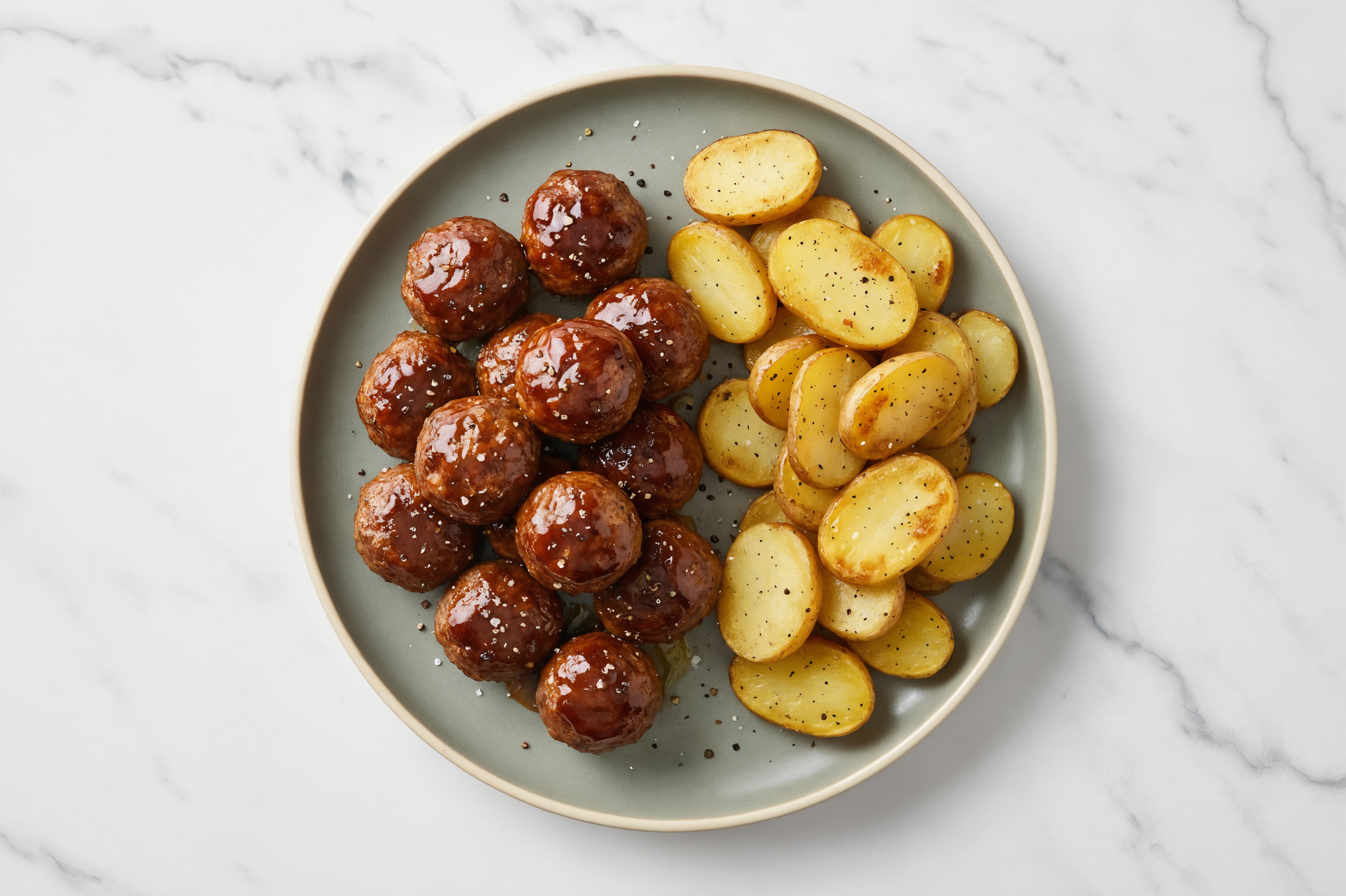 Teriyaki Baked Beef Meatballs & Fingerling Potatoes