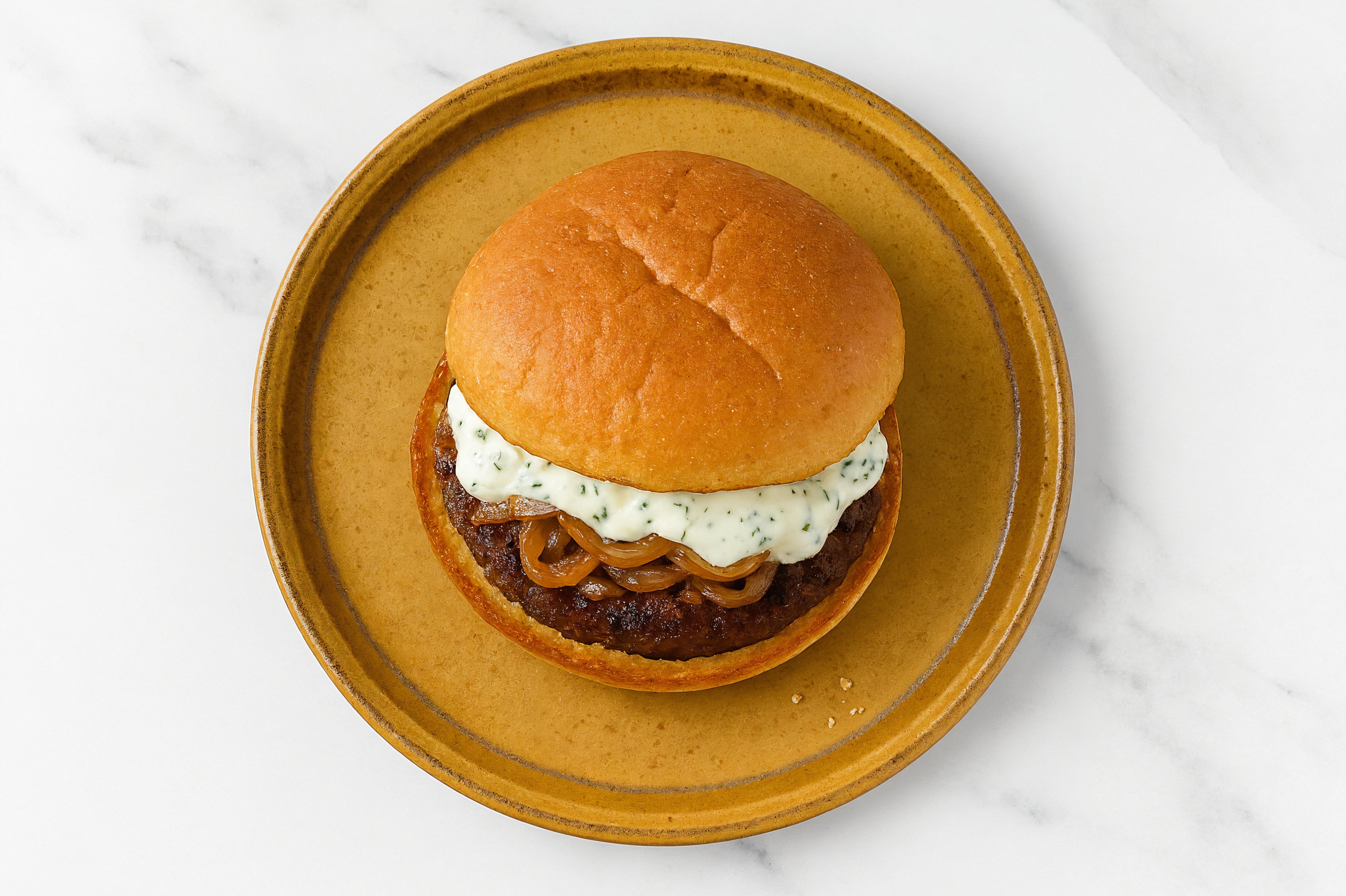 Caramelized Onion Beyond Burger on GF Bun with Cucumber Tzatziki