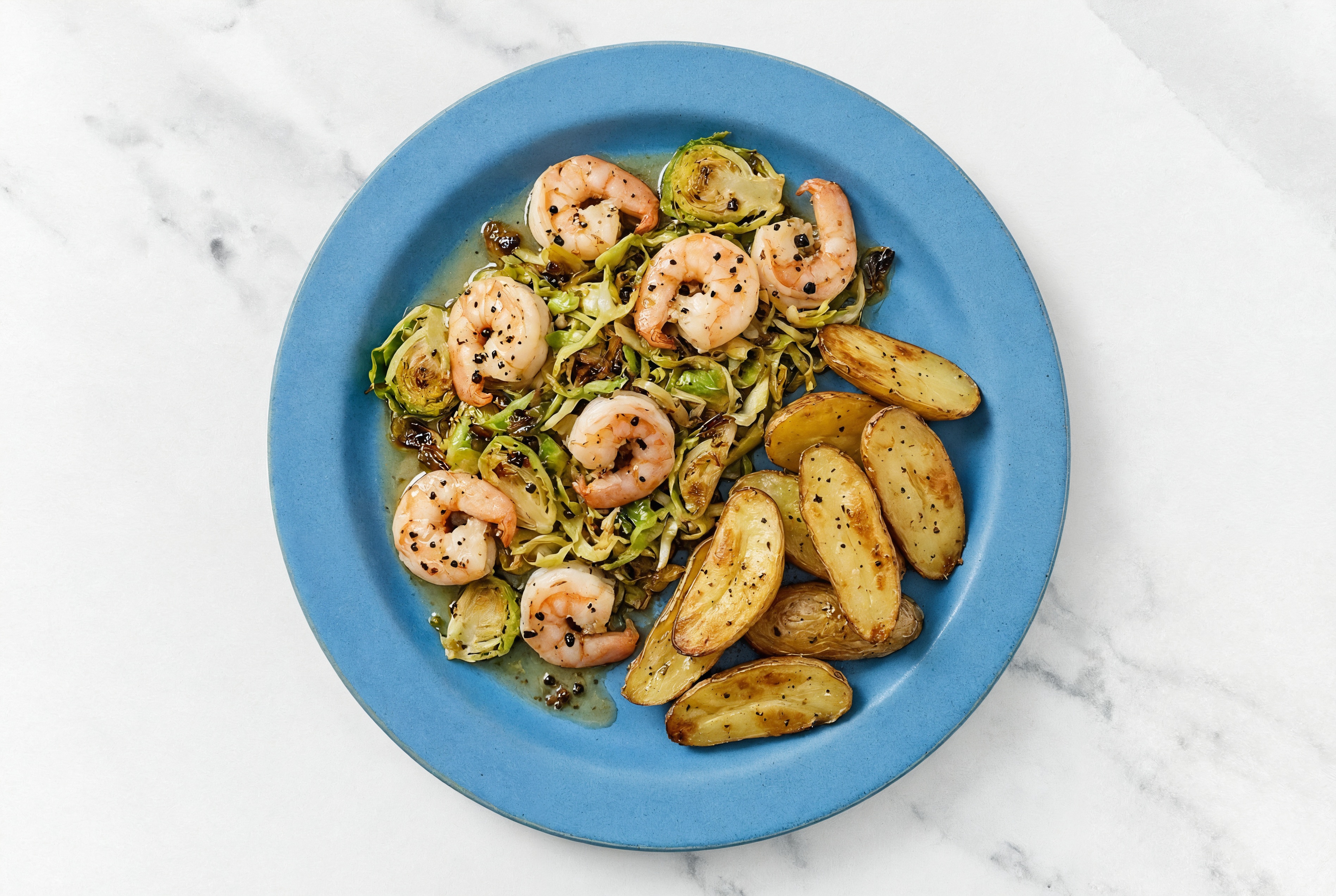 Lemon-Slow Churned & Peppercorn Pasture Butter Shrimp with Fingerling Potatoes & Brussels