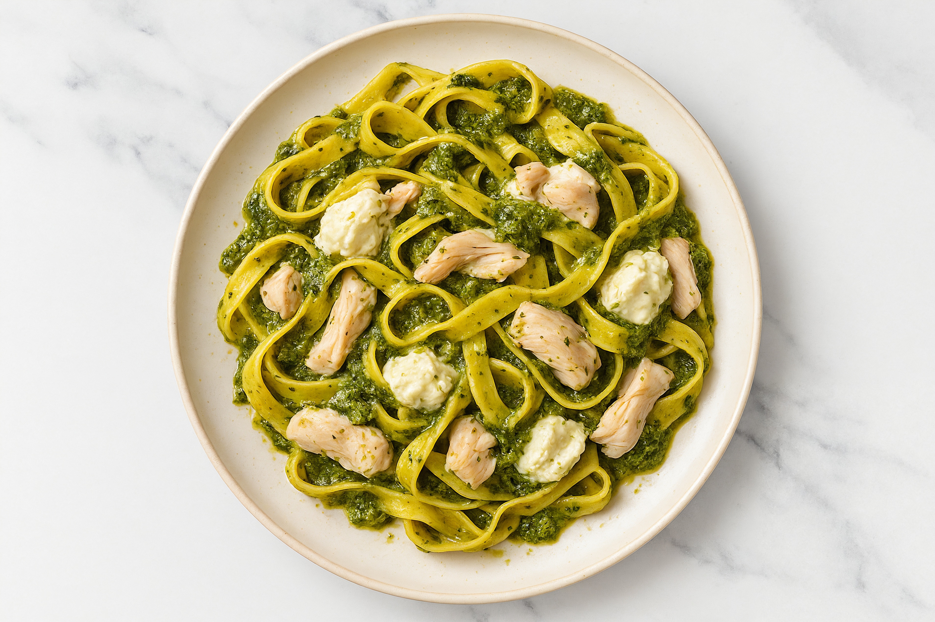 Pesto Tagliatelle with Pepper Chicken & "Ricotta"