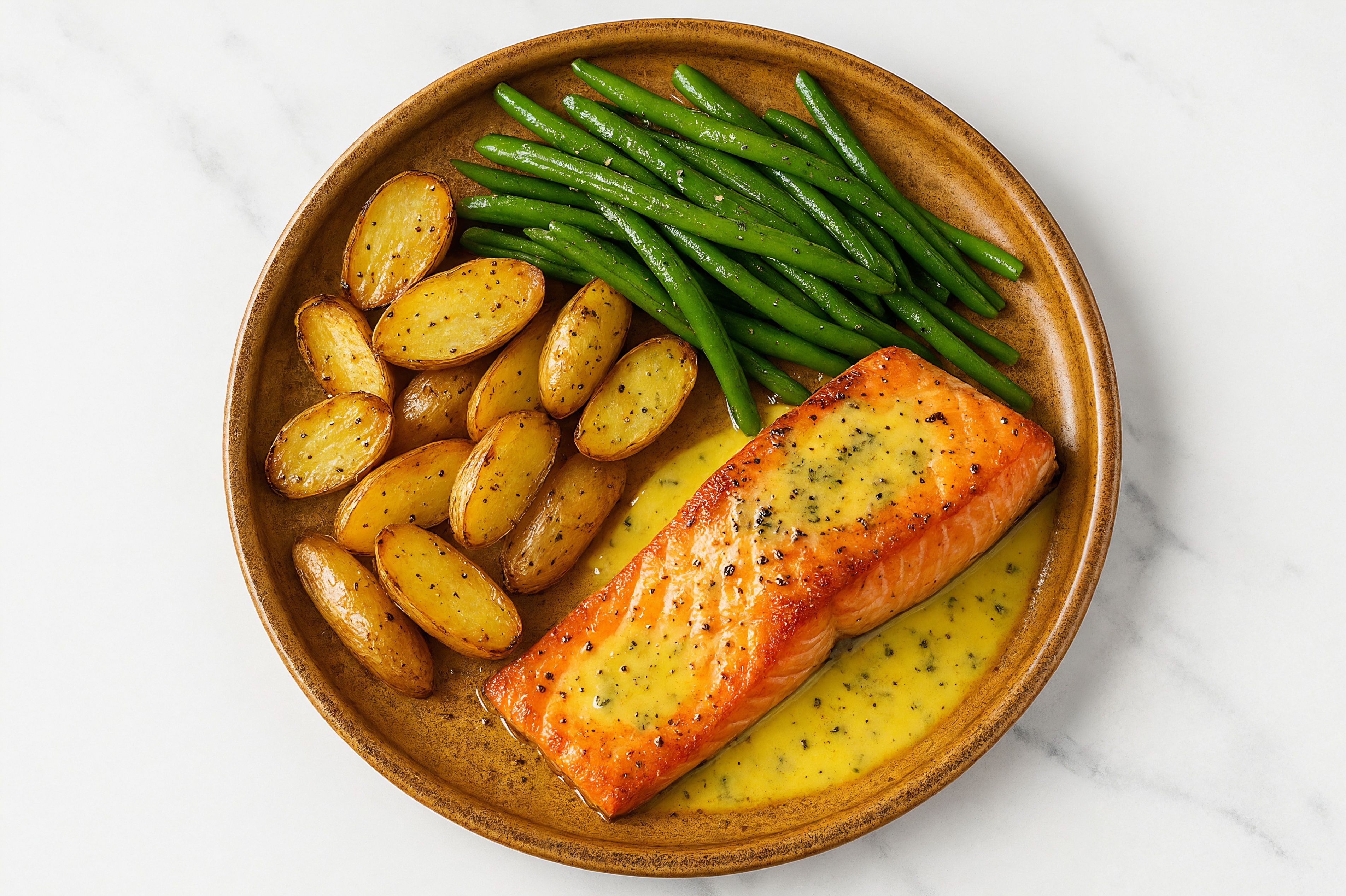 Lemon-Slow Churned & Peppercorn Pasture Butter Salmon with Fingerling Potatoes & Green Beans