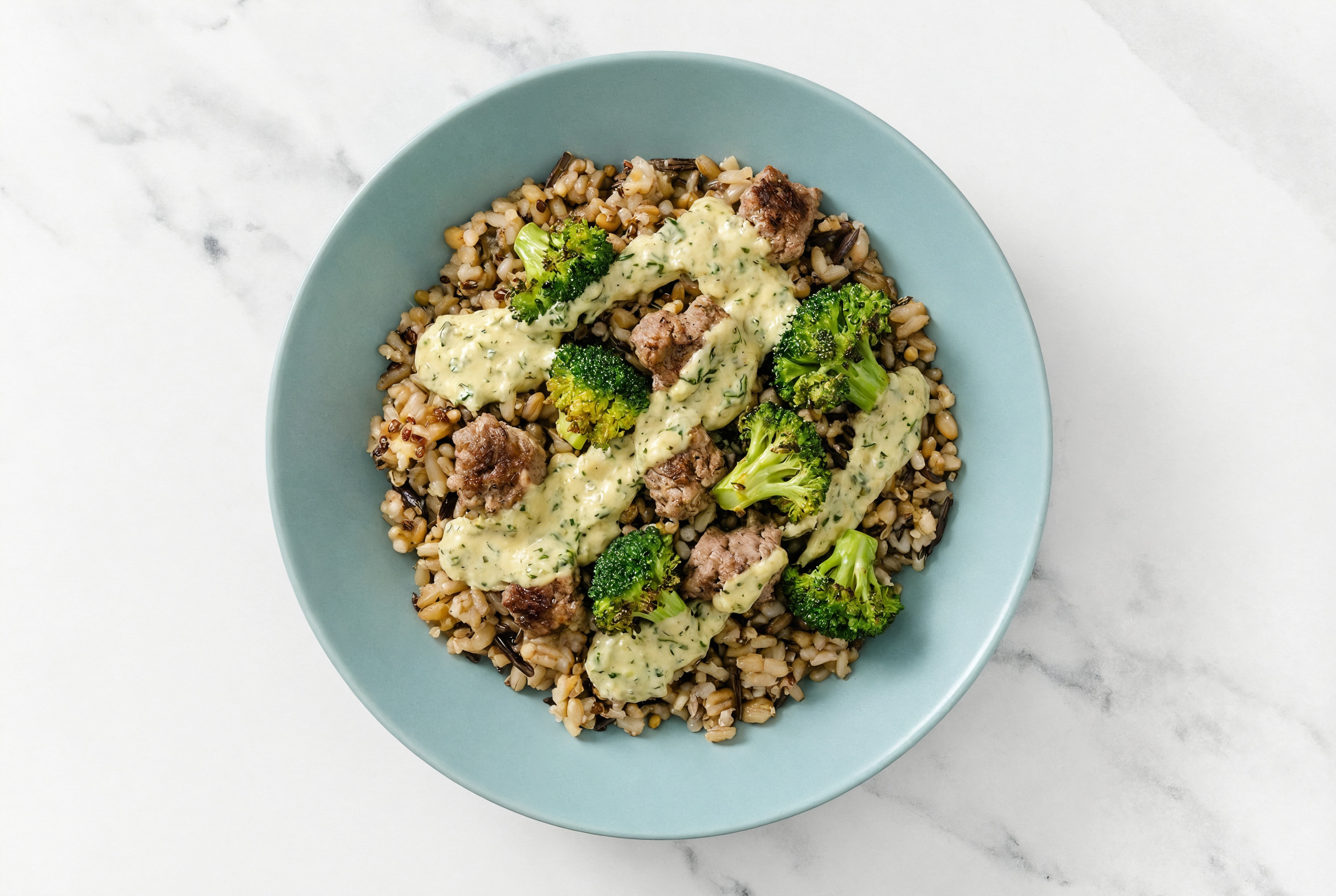Ground Lamb & Broccoli Grain Bowl with Spinach Artichoke