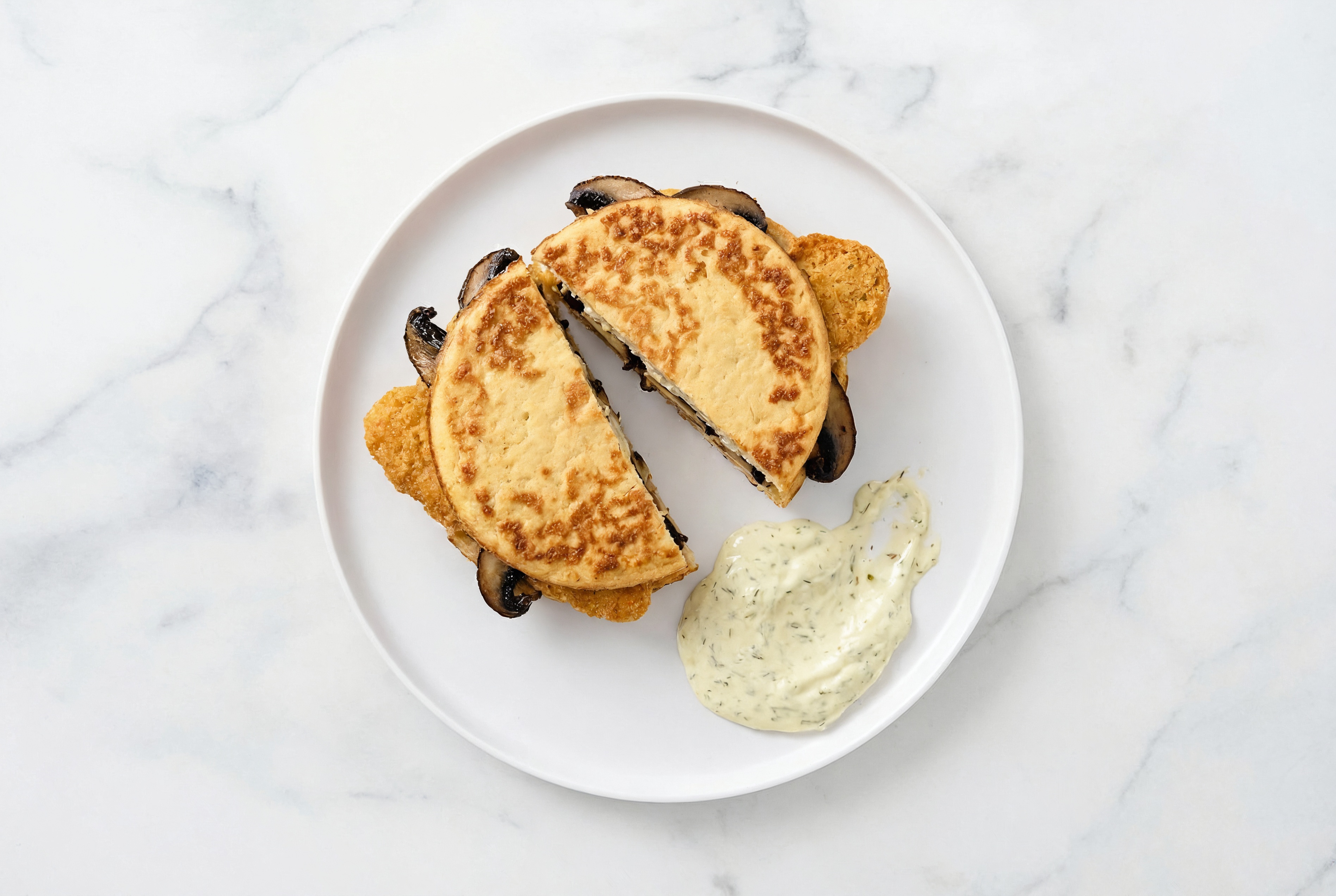 Dill Pickle "Chicken" Tenders Sandwich with Portabellas on Cauliflower Rounds