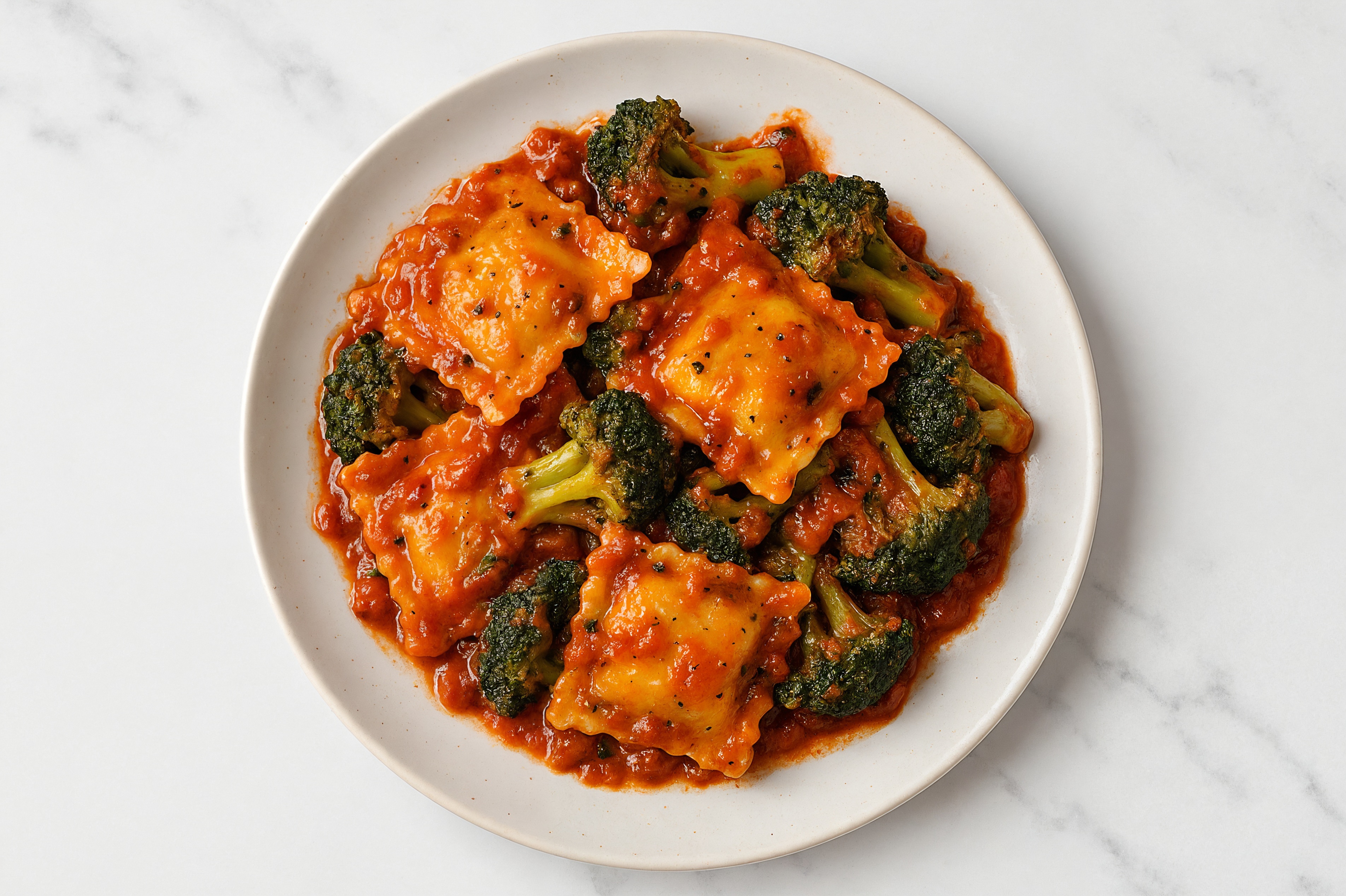 Red-Sauce Butternut Ravioli with Organic Broccoli