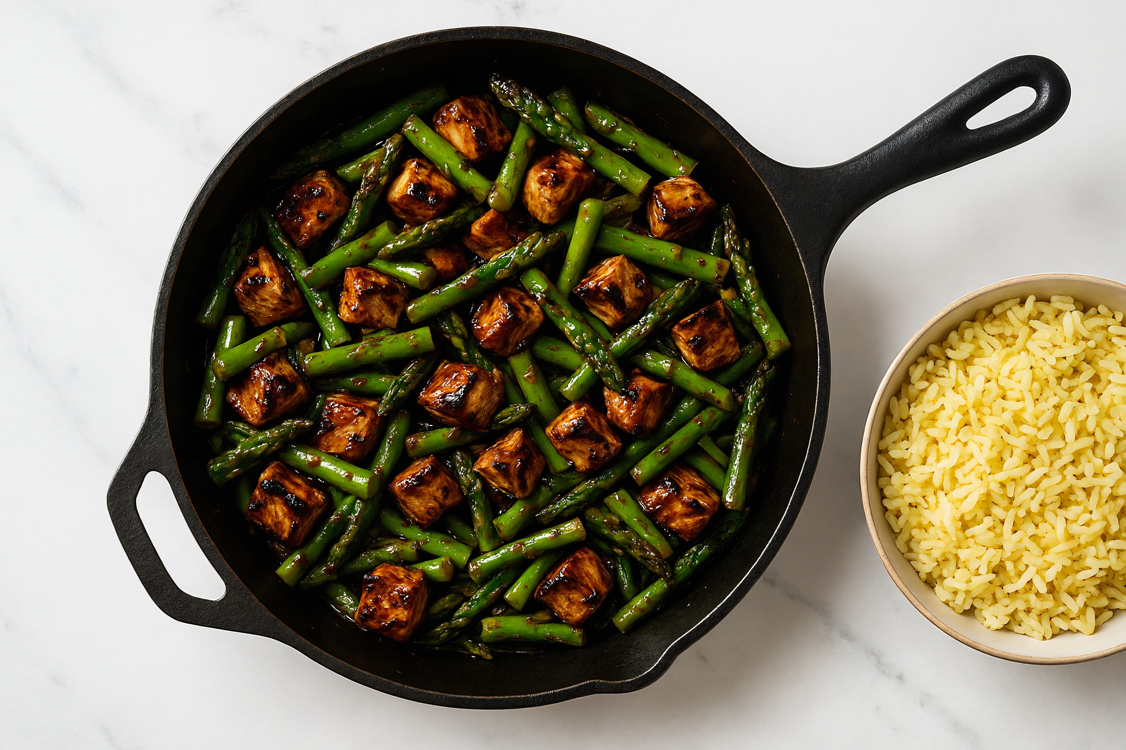 Japanese BBQ Grilled Pork Tenderloin Stir-Fry with Asparagus over Jasmine Rice