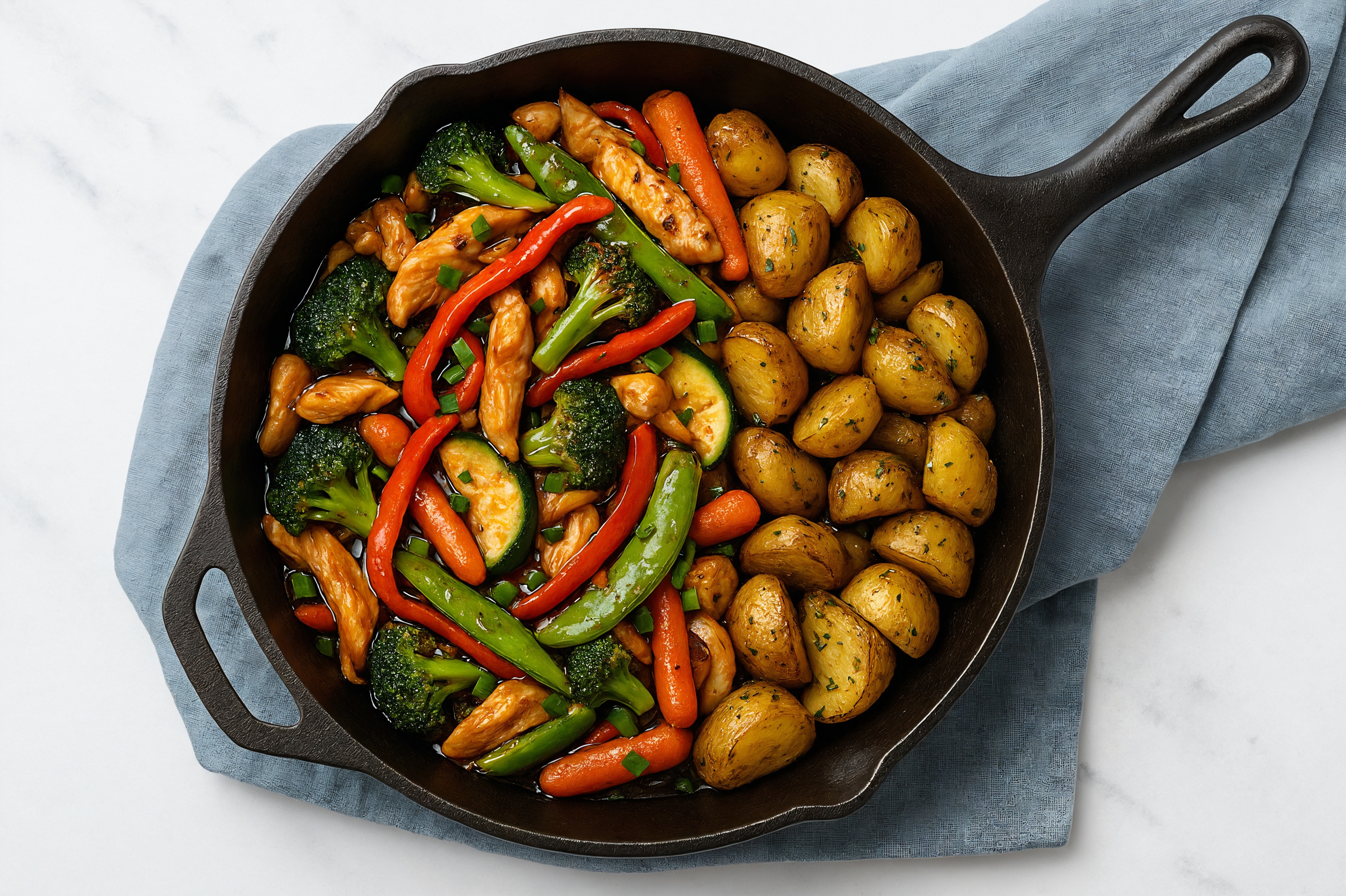 BBQ Chicken with Mixed Veggies + Potatoes with Sliced Scallions