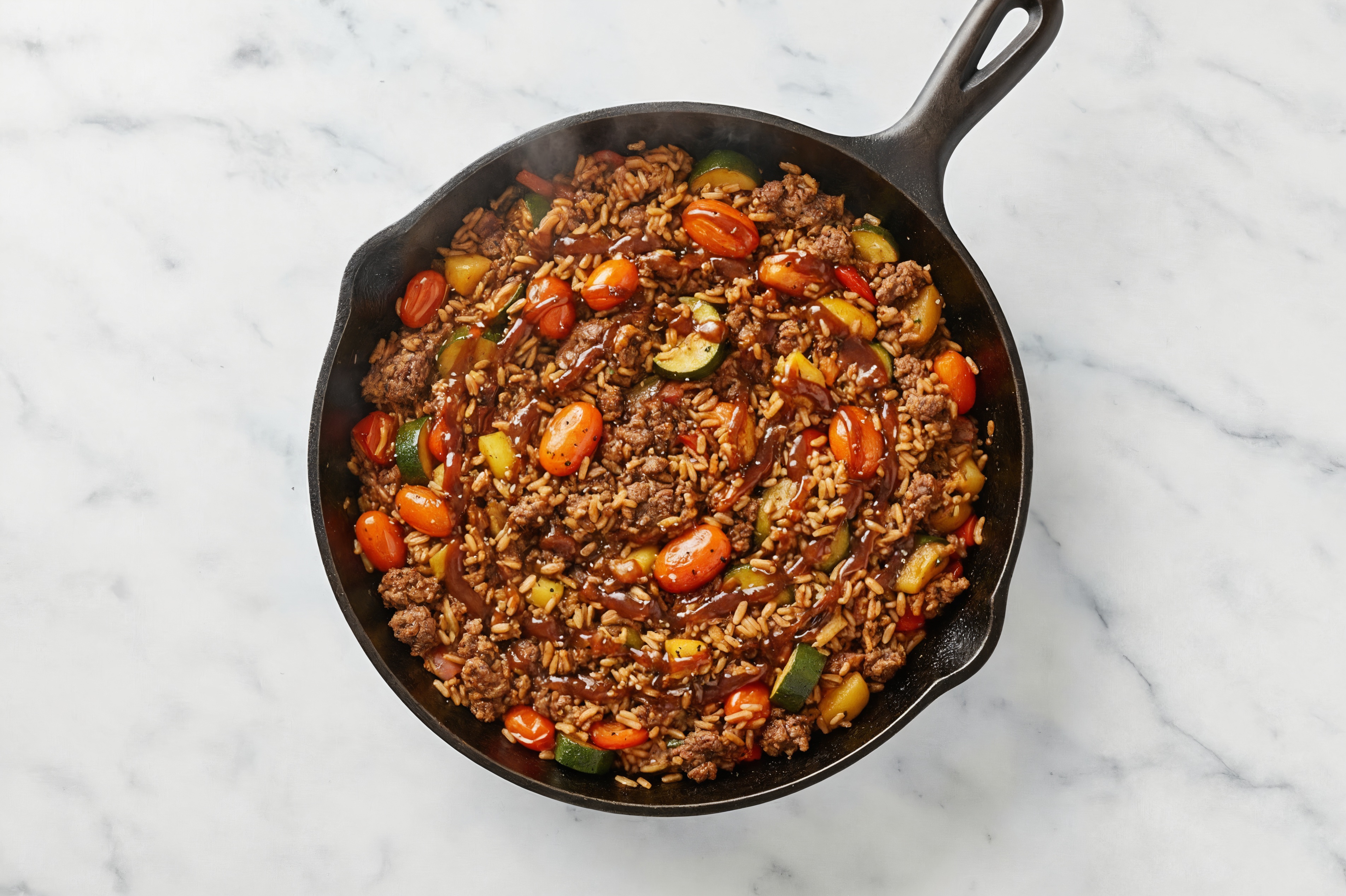Herby Teriyaki Squash + Ground Beef Patties Stir-Fry