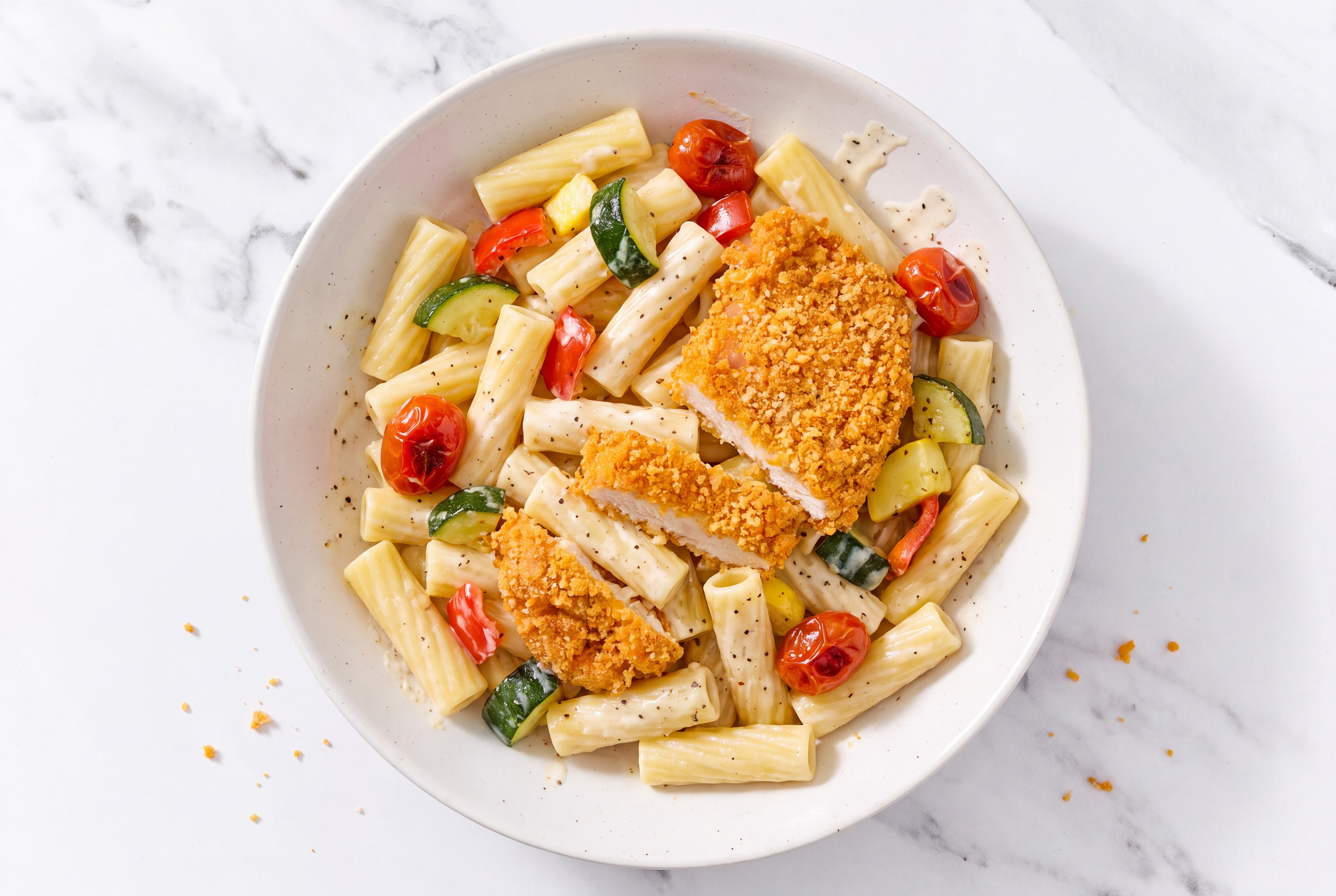 Crispy Hot Honey Chicken over Alfredo Rigatoni with Mixed Veggies