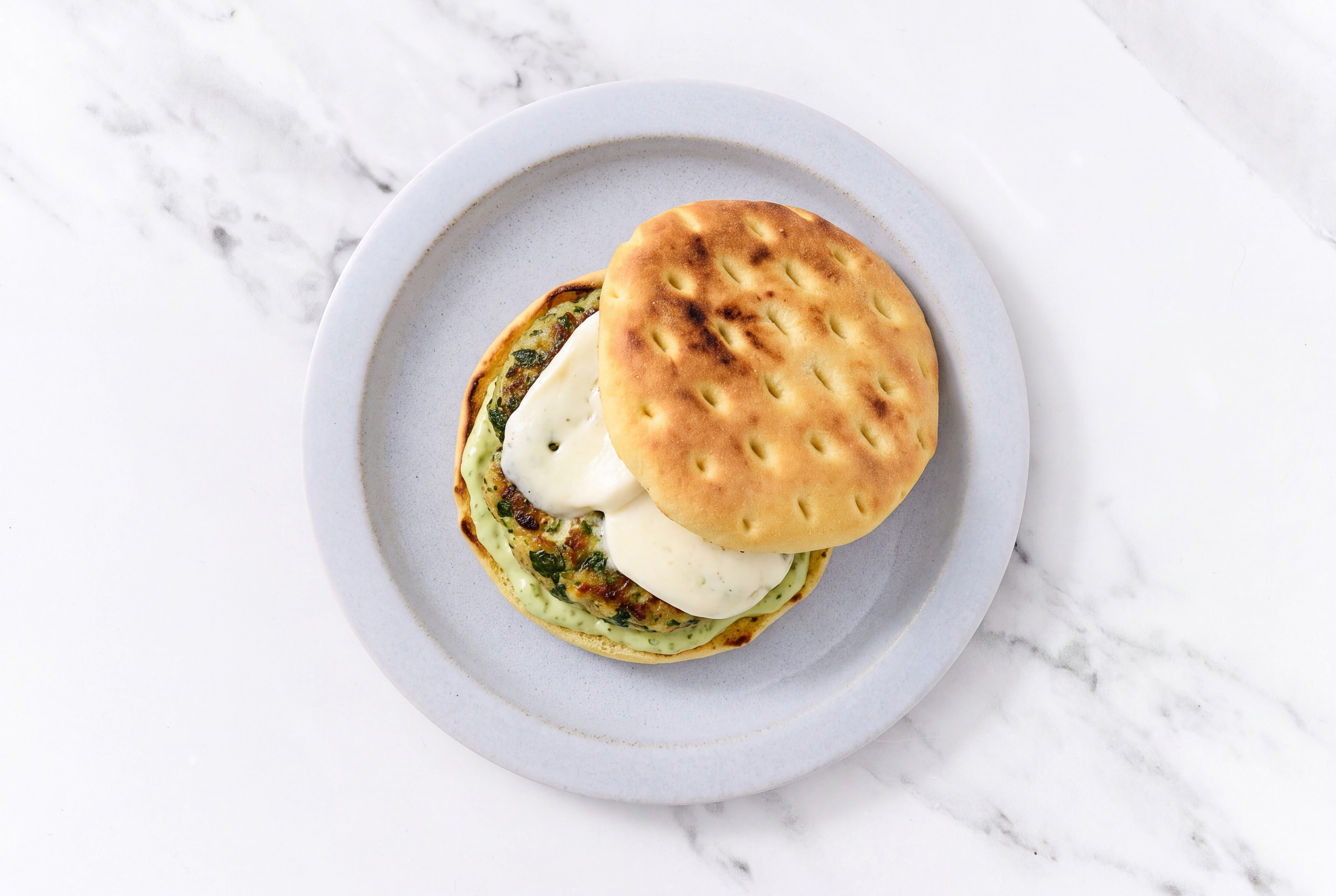 Feta Turkey Patties with Mozzarella + Pesto Aioli on Brioche Buns