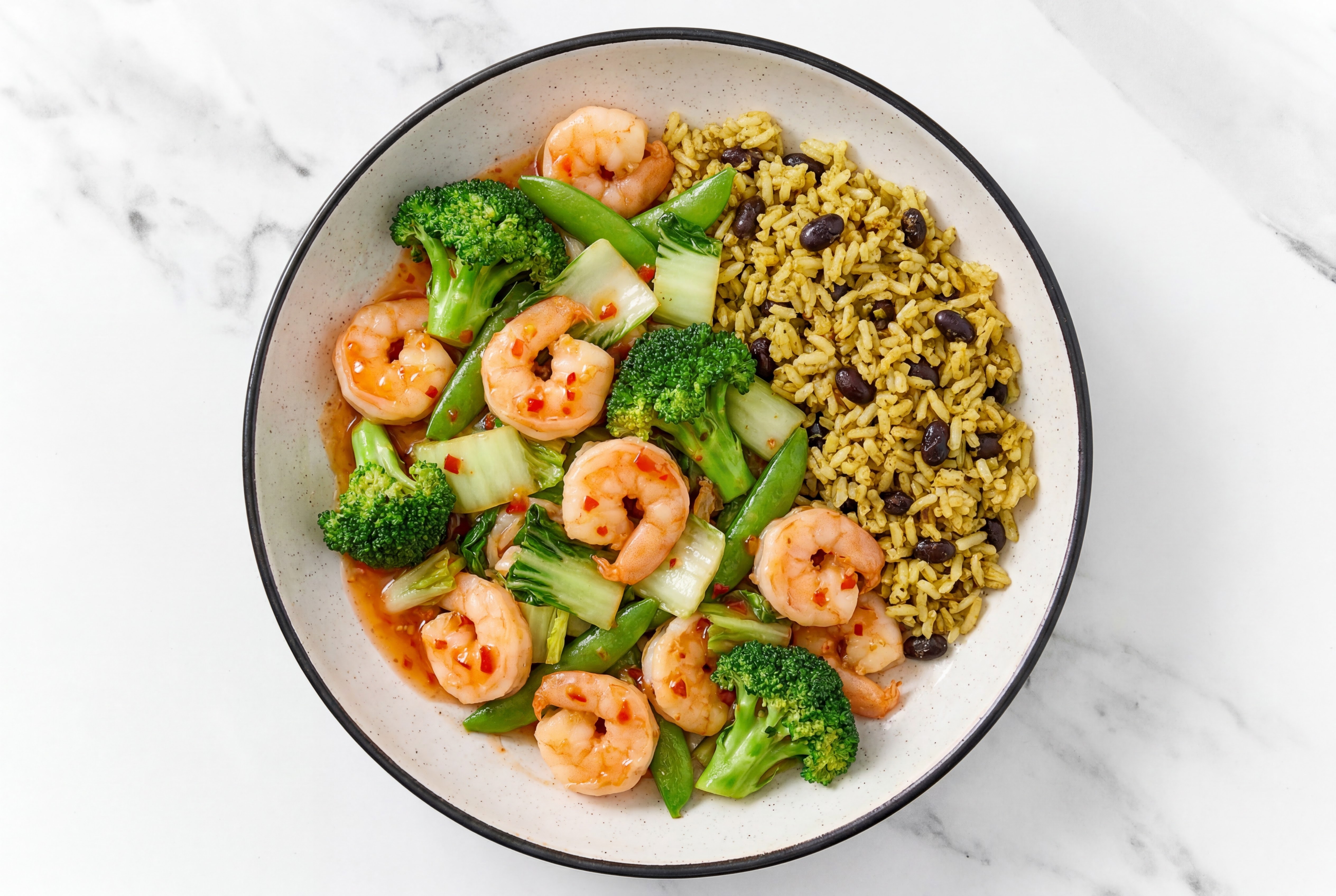 Sweet Chili Shrimp Over Rice with Beans