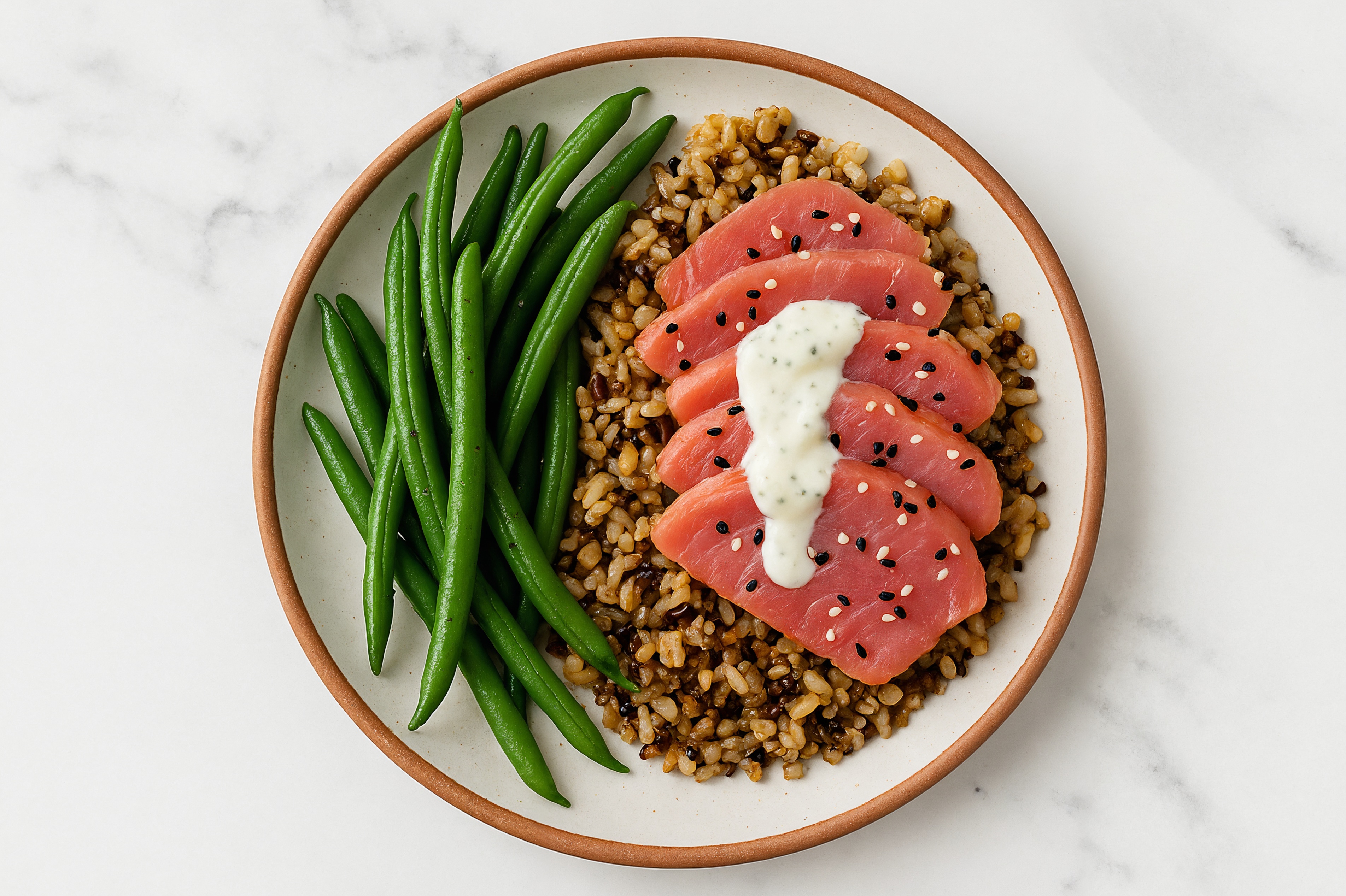 Tuna Seven Grain Bowl with Feta Cucumber Tzatziki Dip & Green Beans