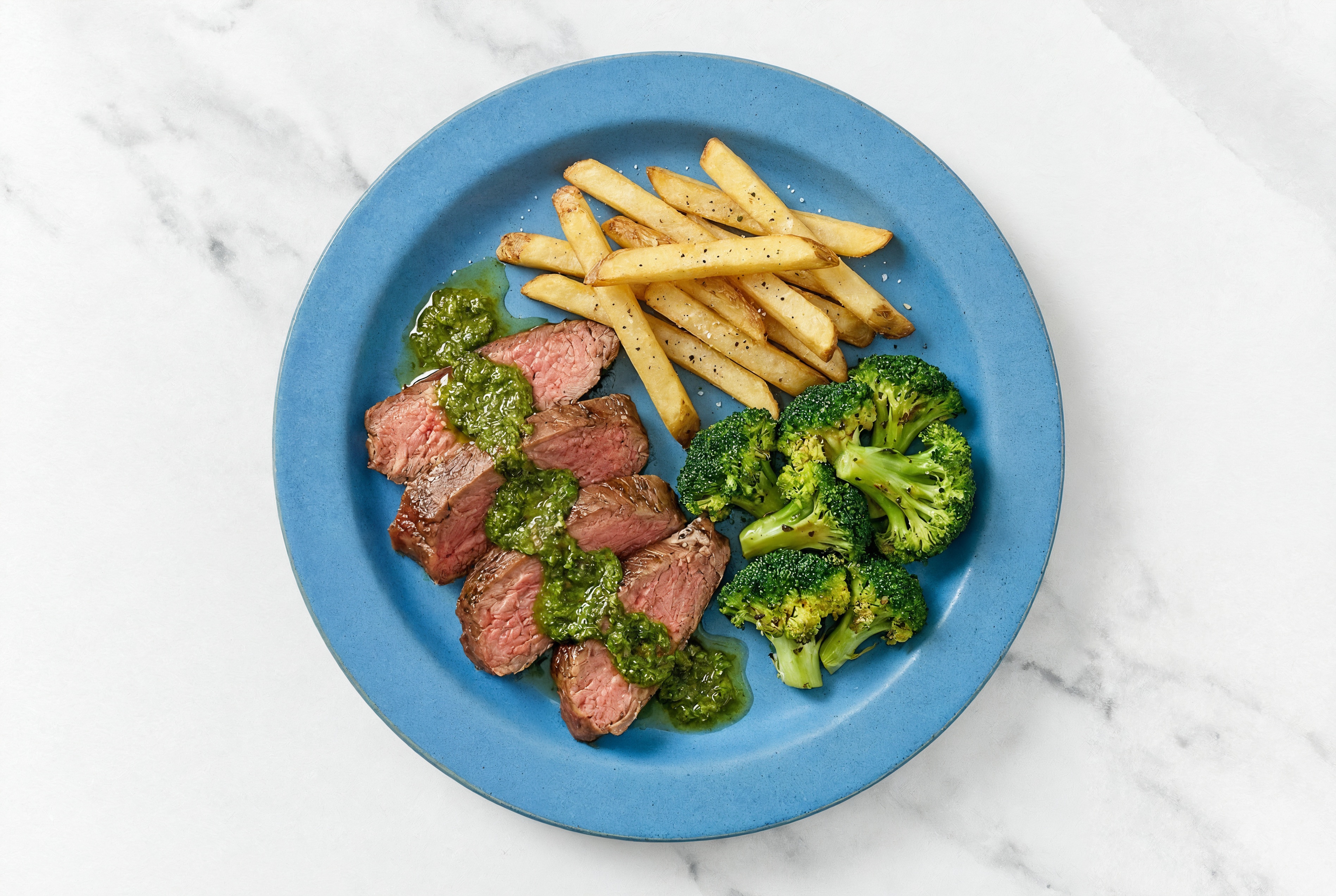 Chimichurri Sirloin with Organic Broccoli + Fries