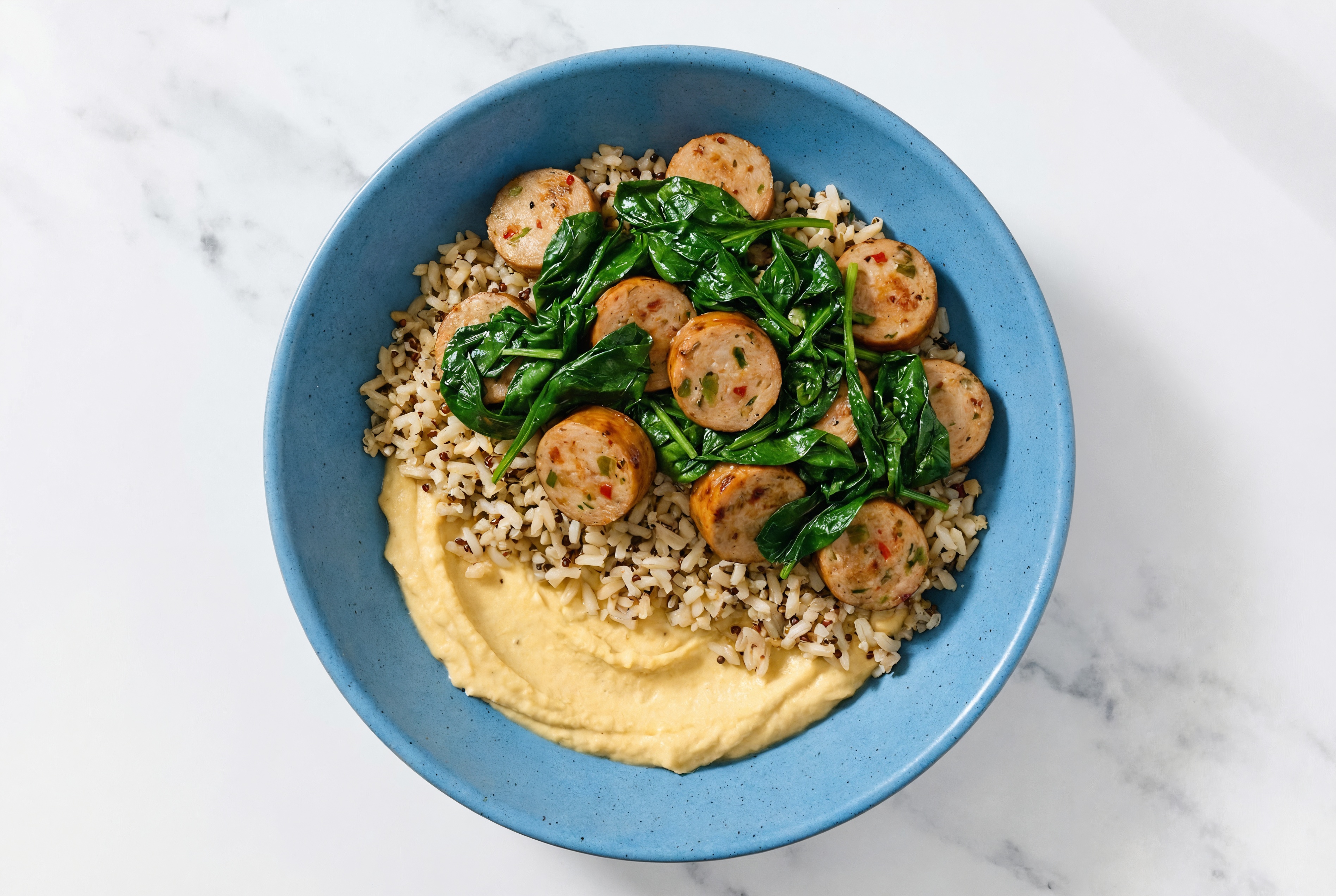 Chicken Sausage & Spinach Grain Bowl with Onion Hummus