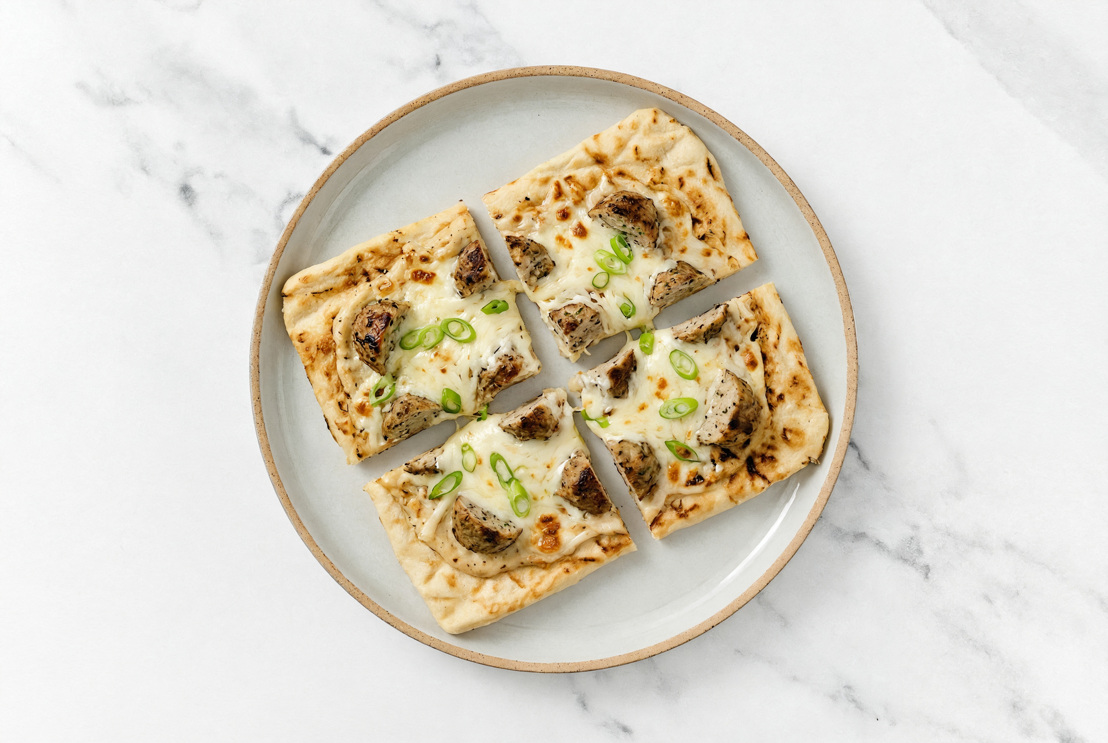 Sweet Onion Turkey Meatball Grilled Pizza with "Mozzarella" + Fresh Scallions