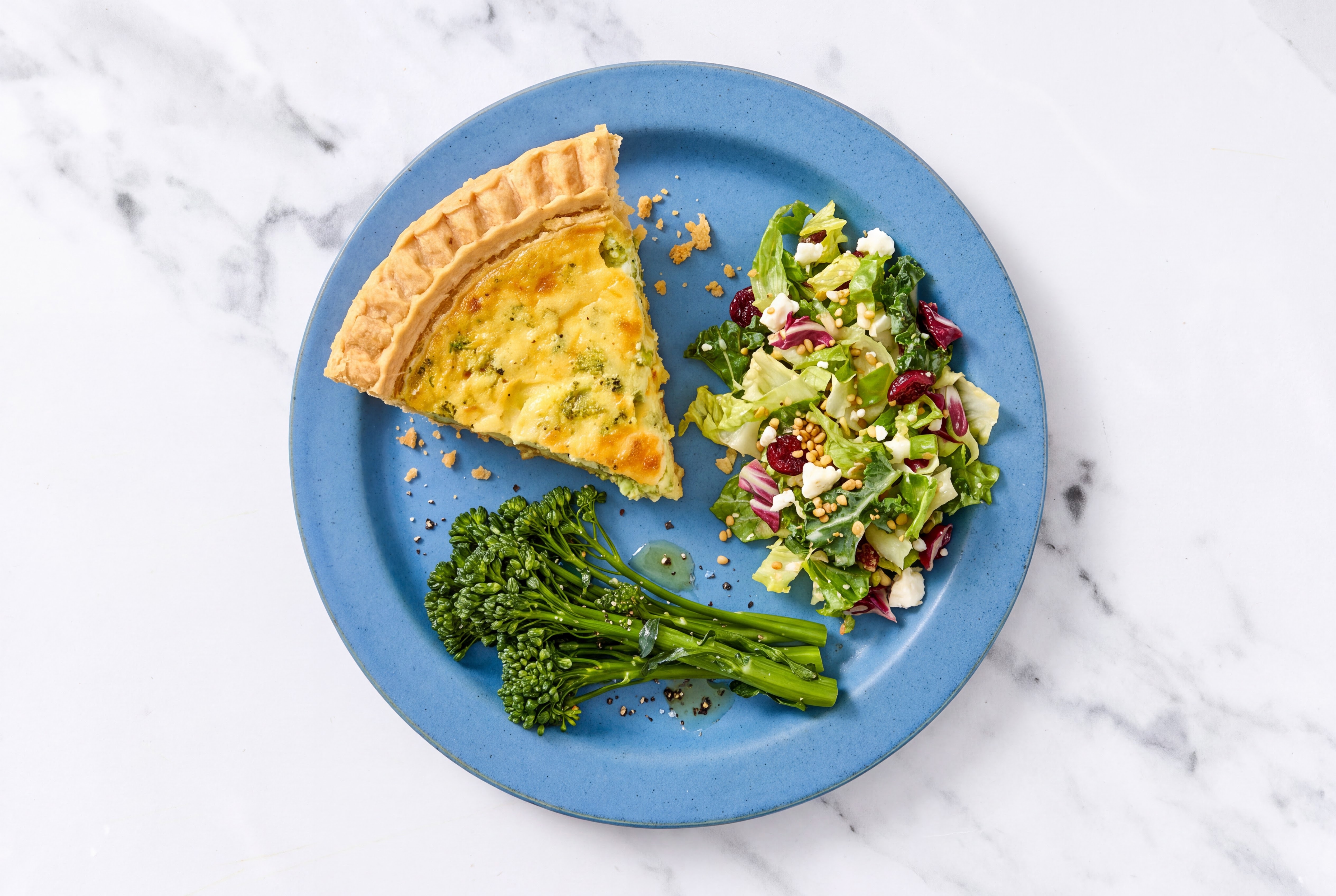 Broccoli & Cheddar Quiche with Baby Broccoli & Honey Citrus Salad
