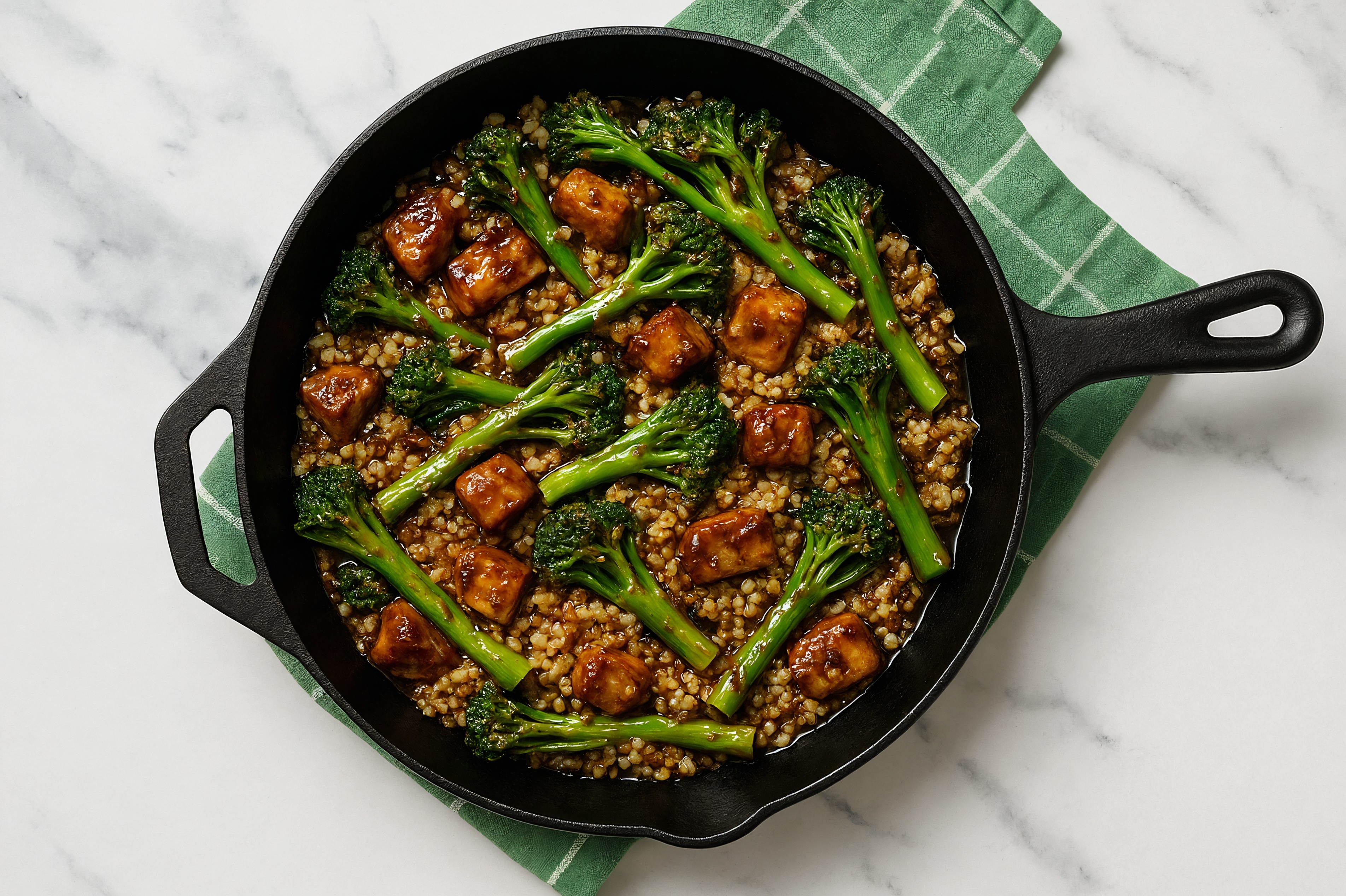 Japanese BBQ Pork Chop Stir-Fry with Baby Broccoli over Riced Cauliflower