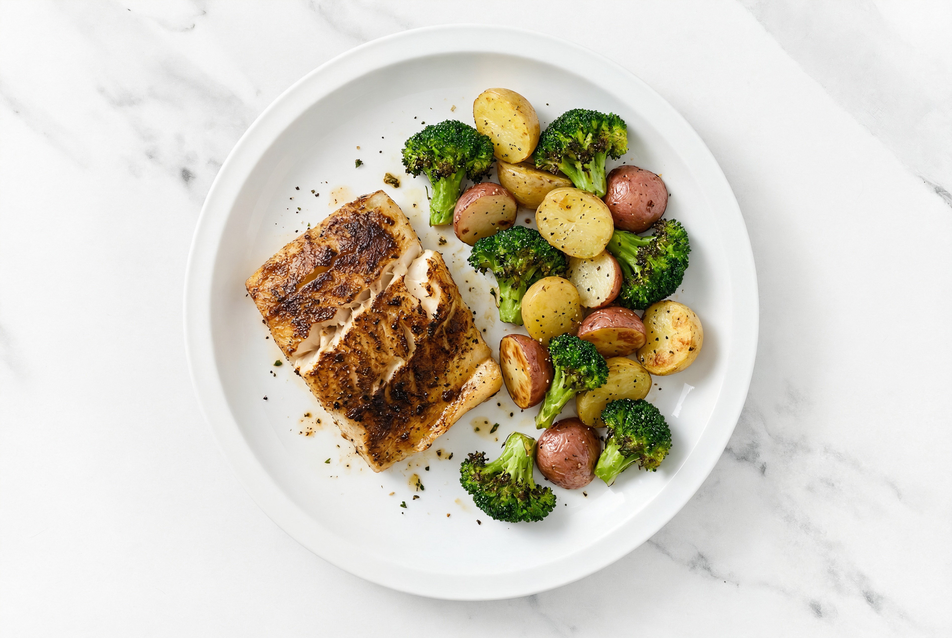 Spiced Oven Roasted Barramundi with Baby Potatoes with Broccoli Florets