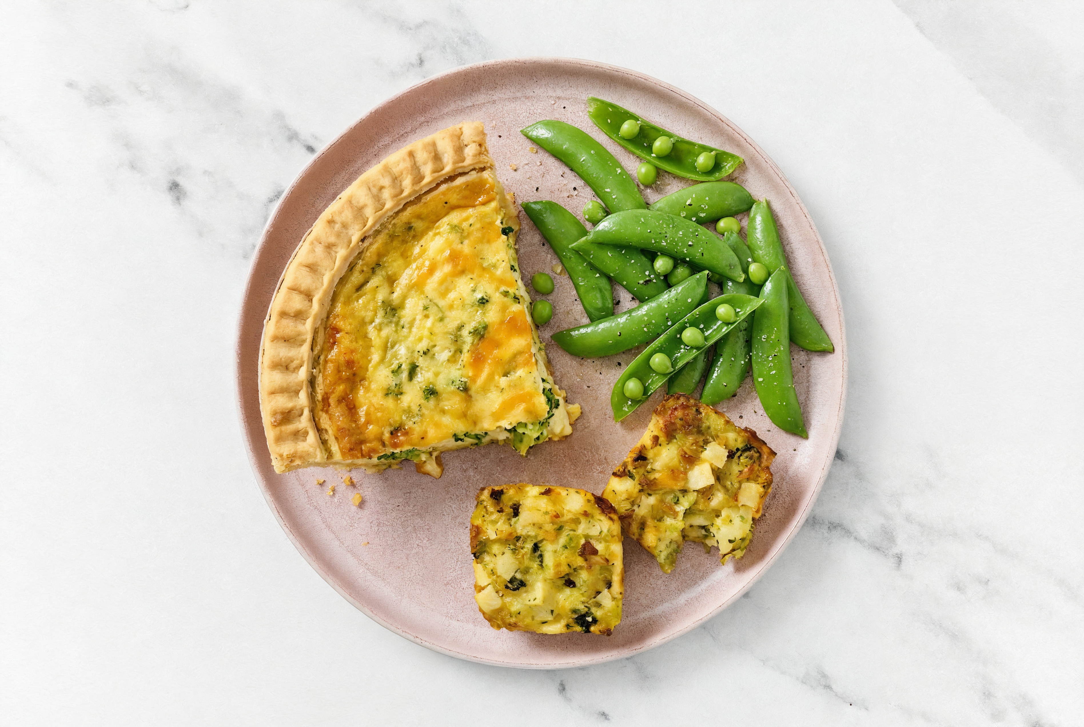 Broccoli & Cheddar Quiche with Snap Peas & Potato Bake