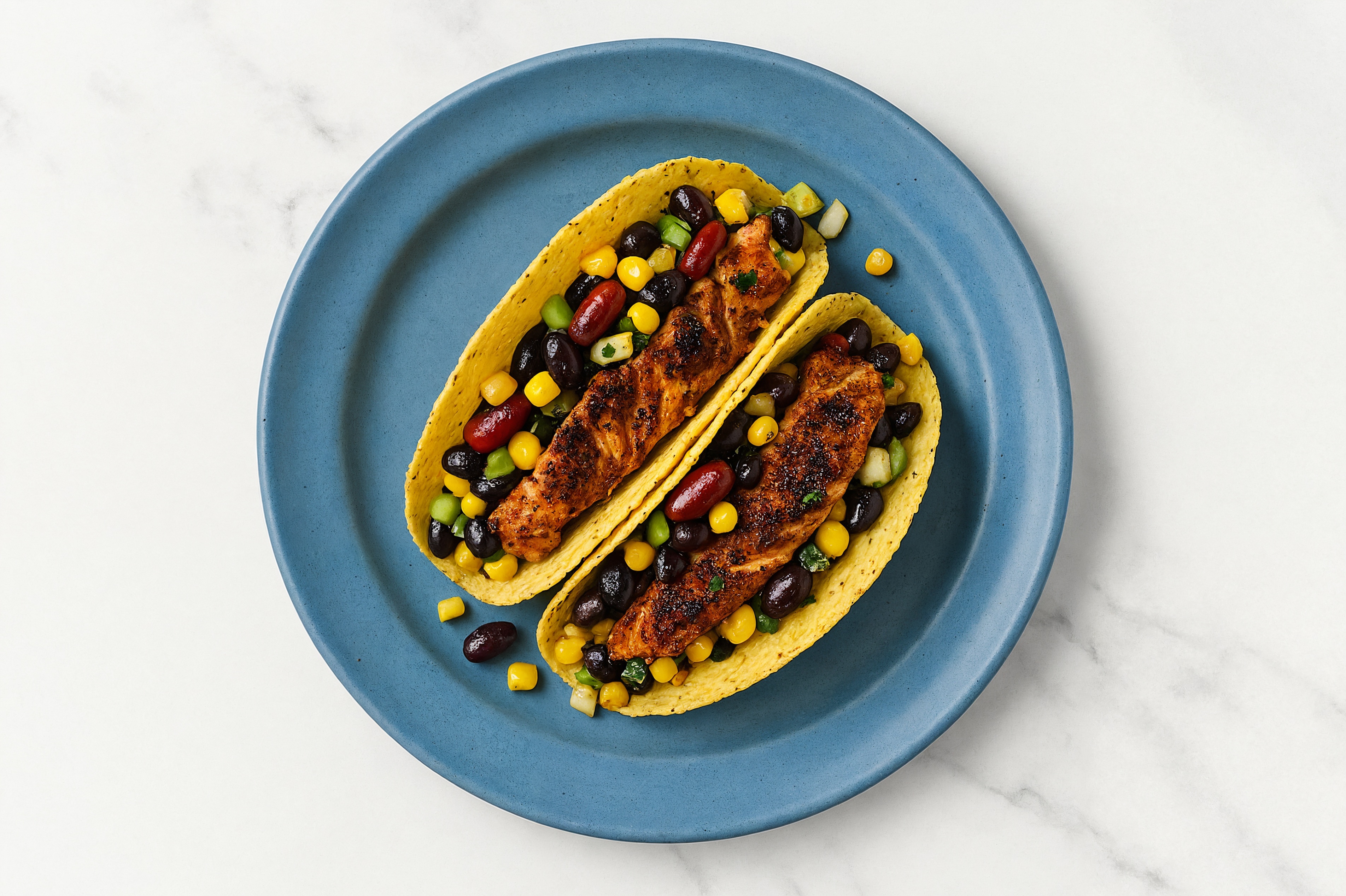 Hearty Blackened Salmon Tacos with Bean Salad