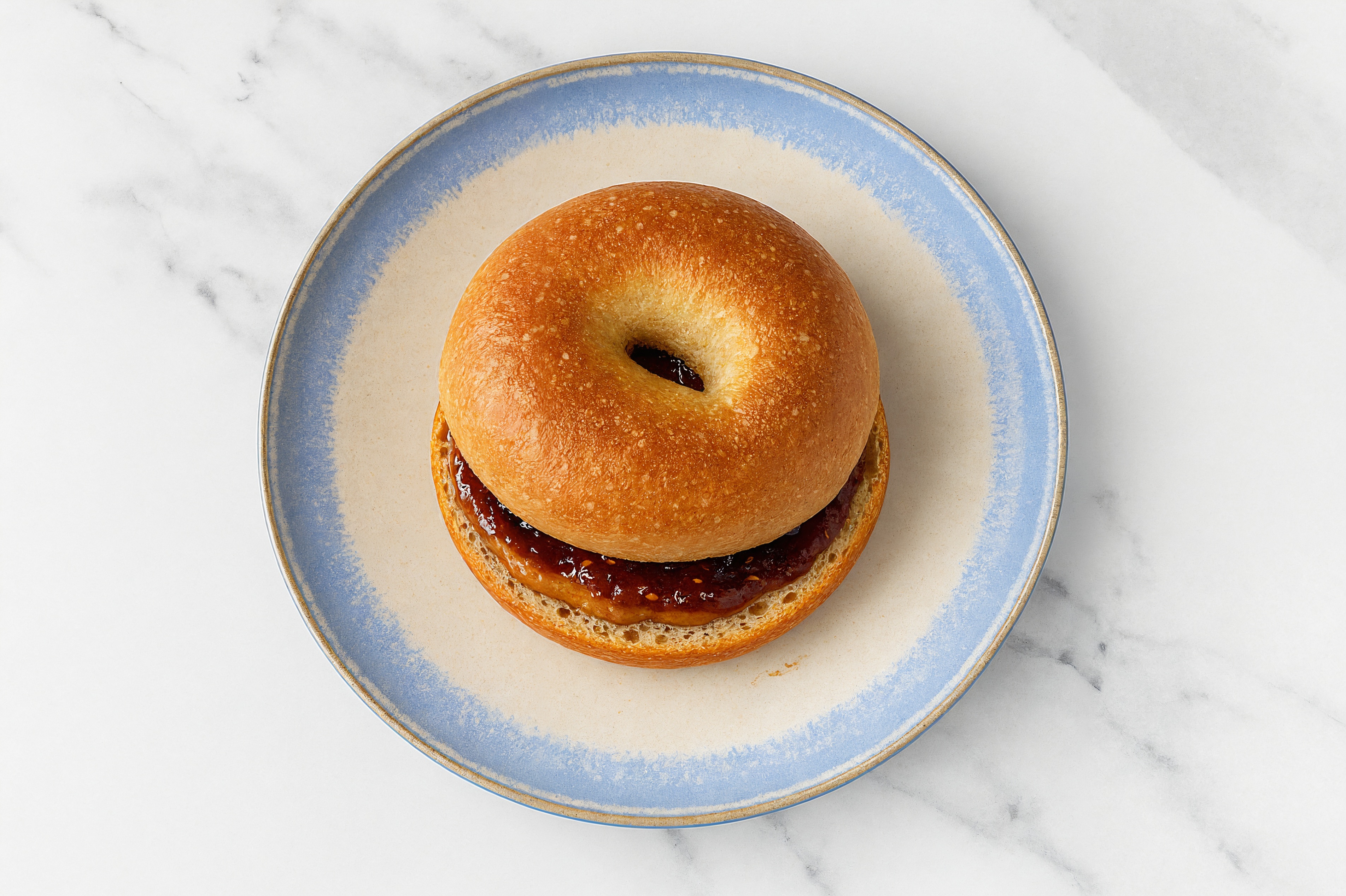 Almond Butter + Strawberry Jam Bagel Sandwich