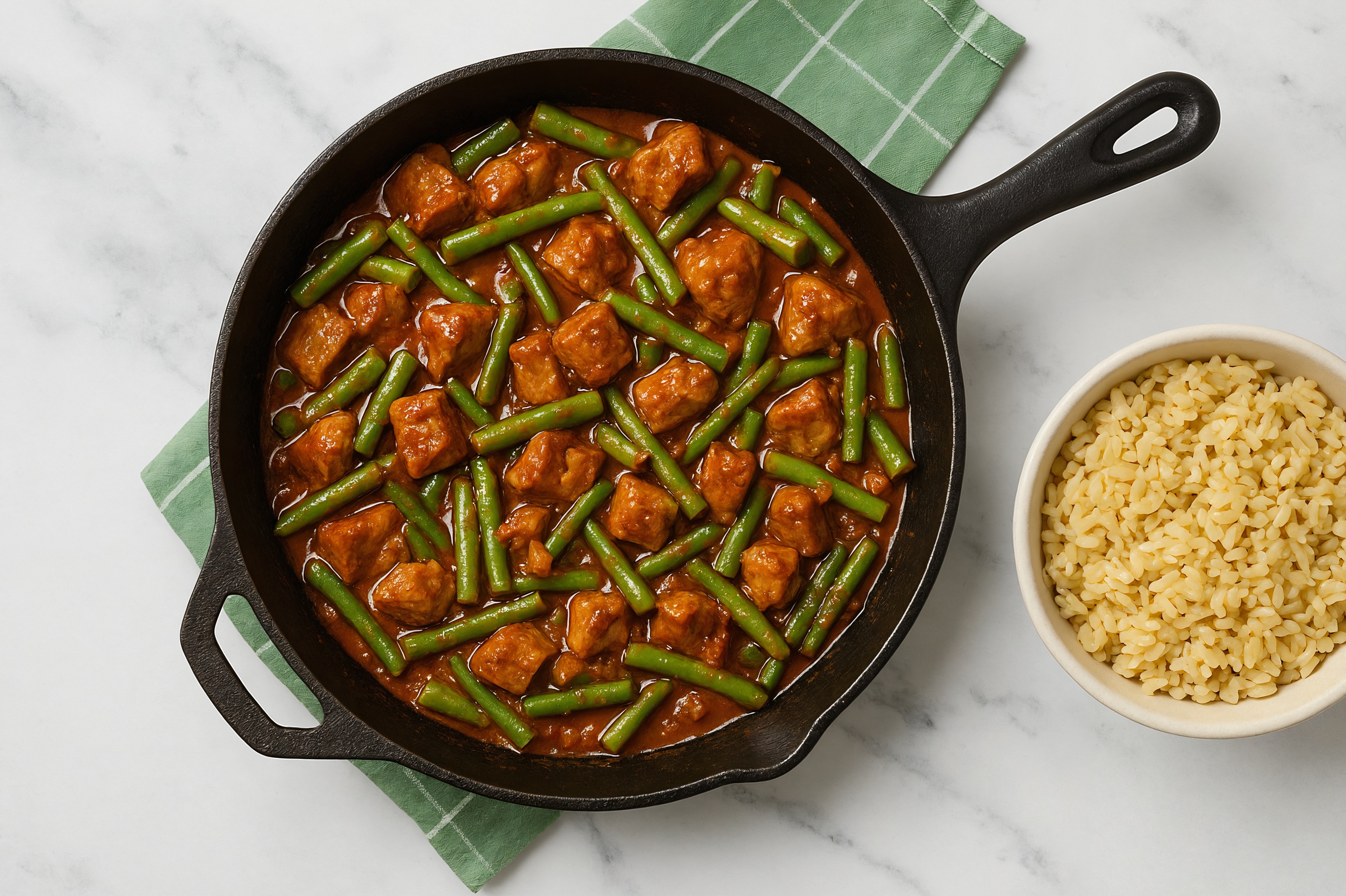 Spicy Vindaloo Pork Tenderloin Stir-Fry with Green Beans over Brown Rice