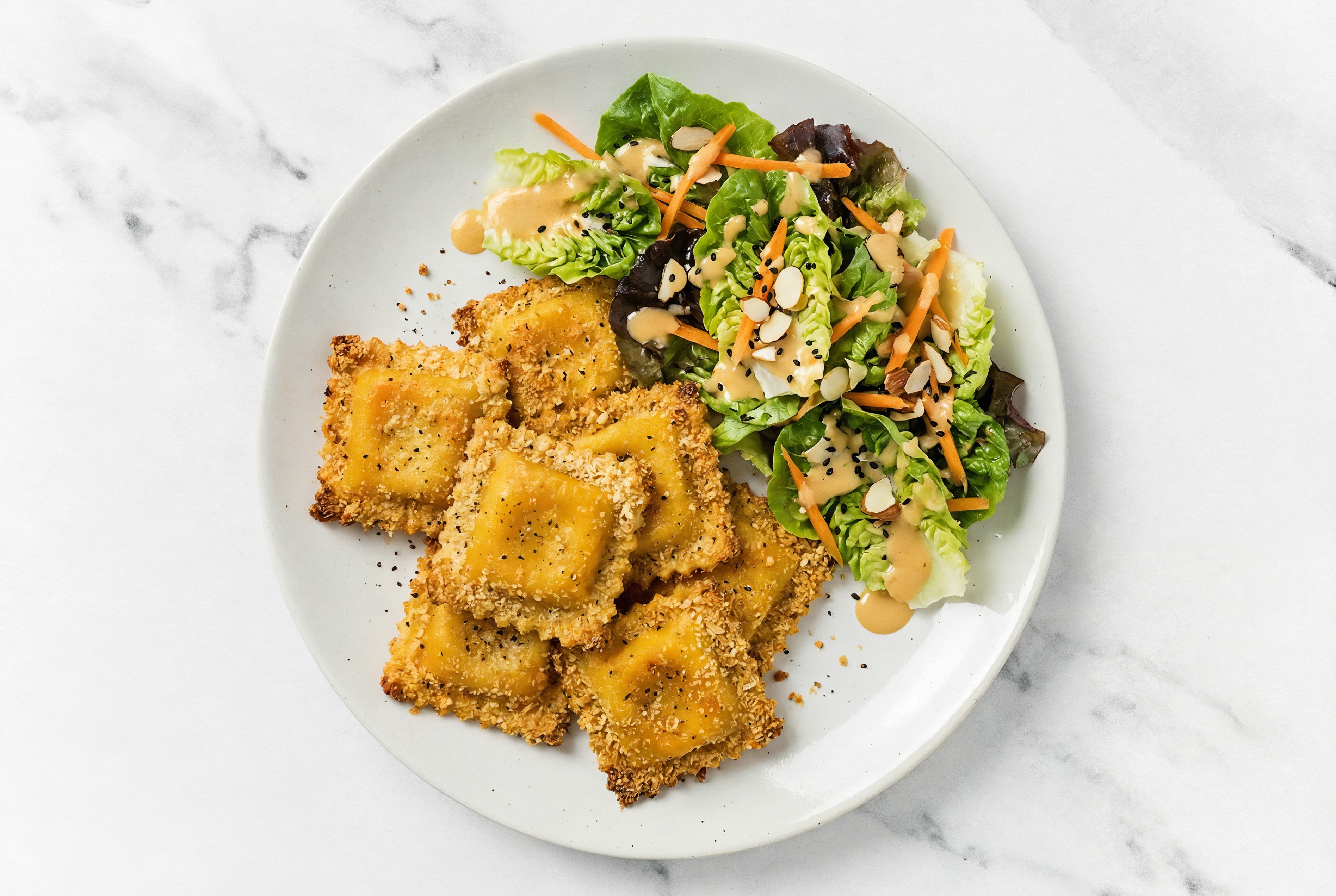 Crispy Fried Butternut Squash Ravioli Little Miso Ginger Kit Gem Salad