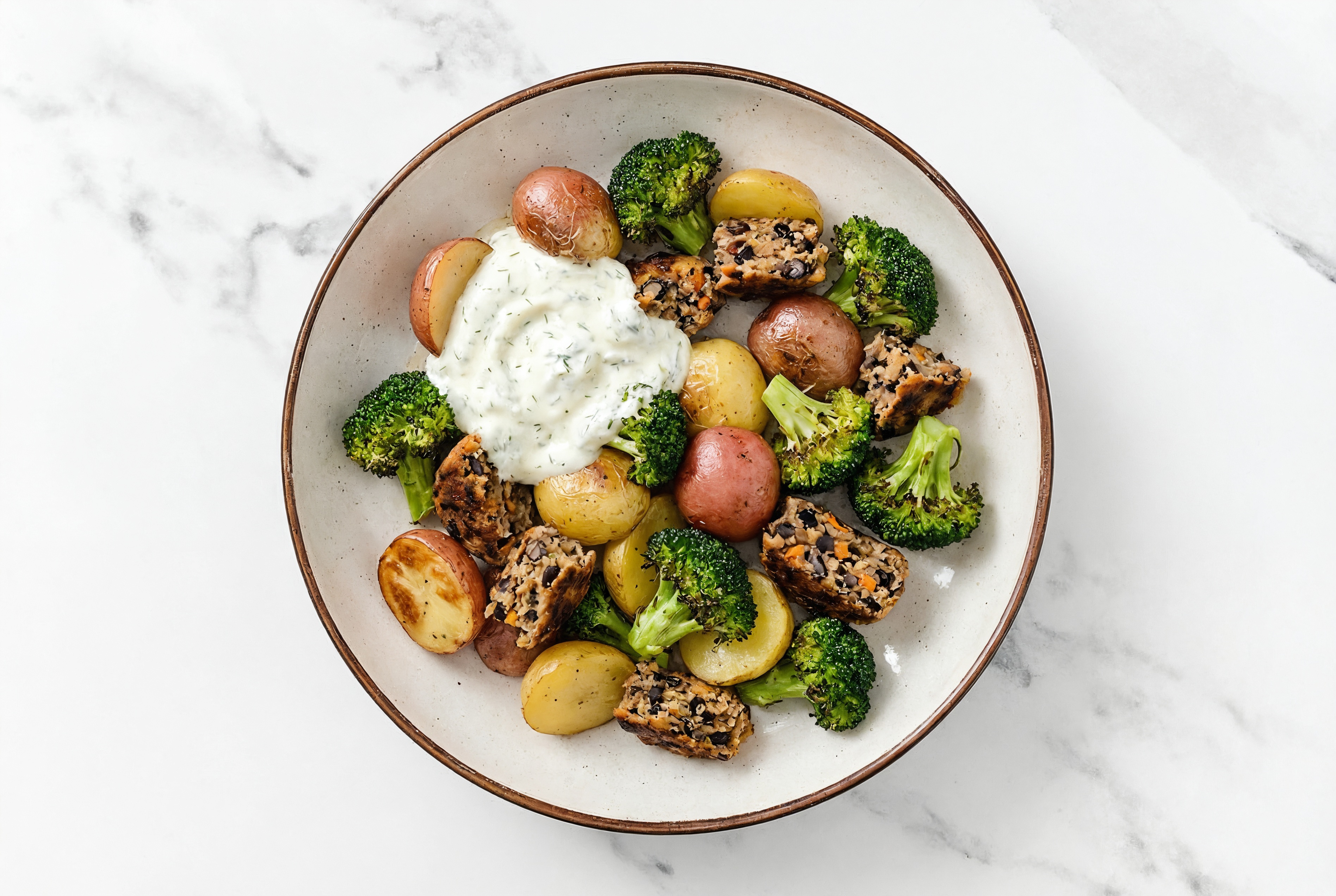Herby Tzatziki Black Bean Burger Bowl with Broccoli Florets