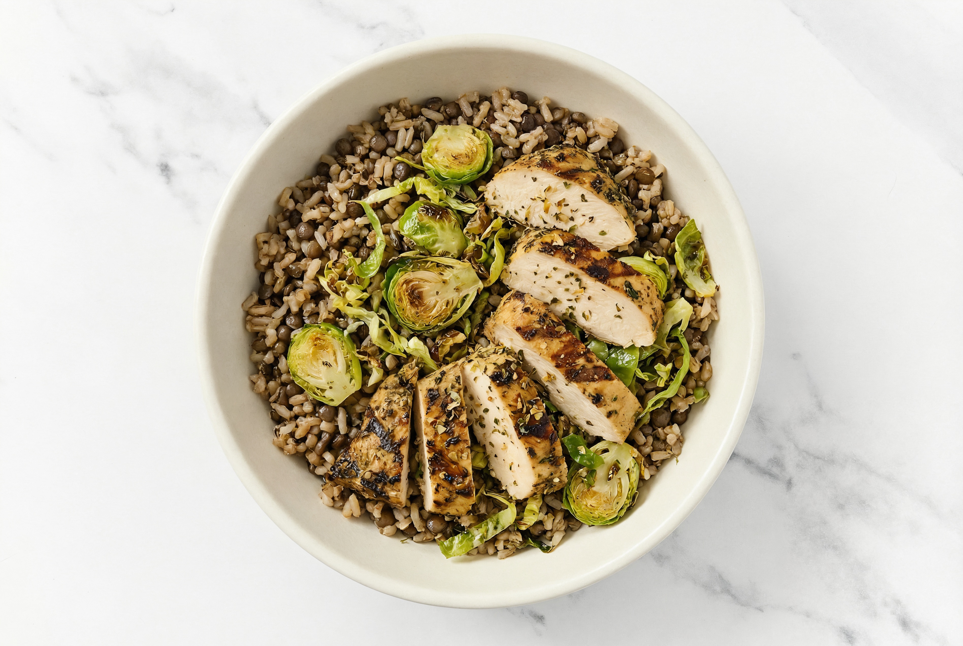 Garlicky Grilled Mediterranean Chicken Breast + Brussels Protein Bowl