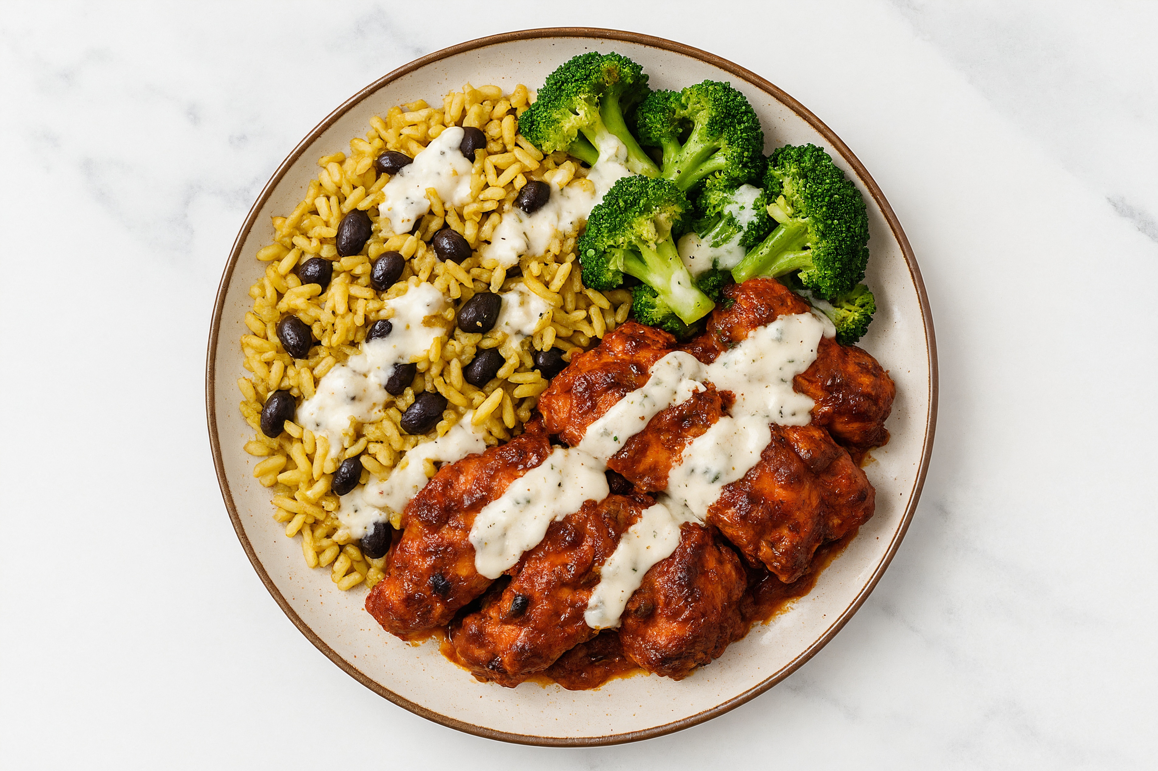  Creamy Garlic Tandoori Chicken Rice with Beans Bowl with Broccoli Florets