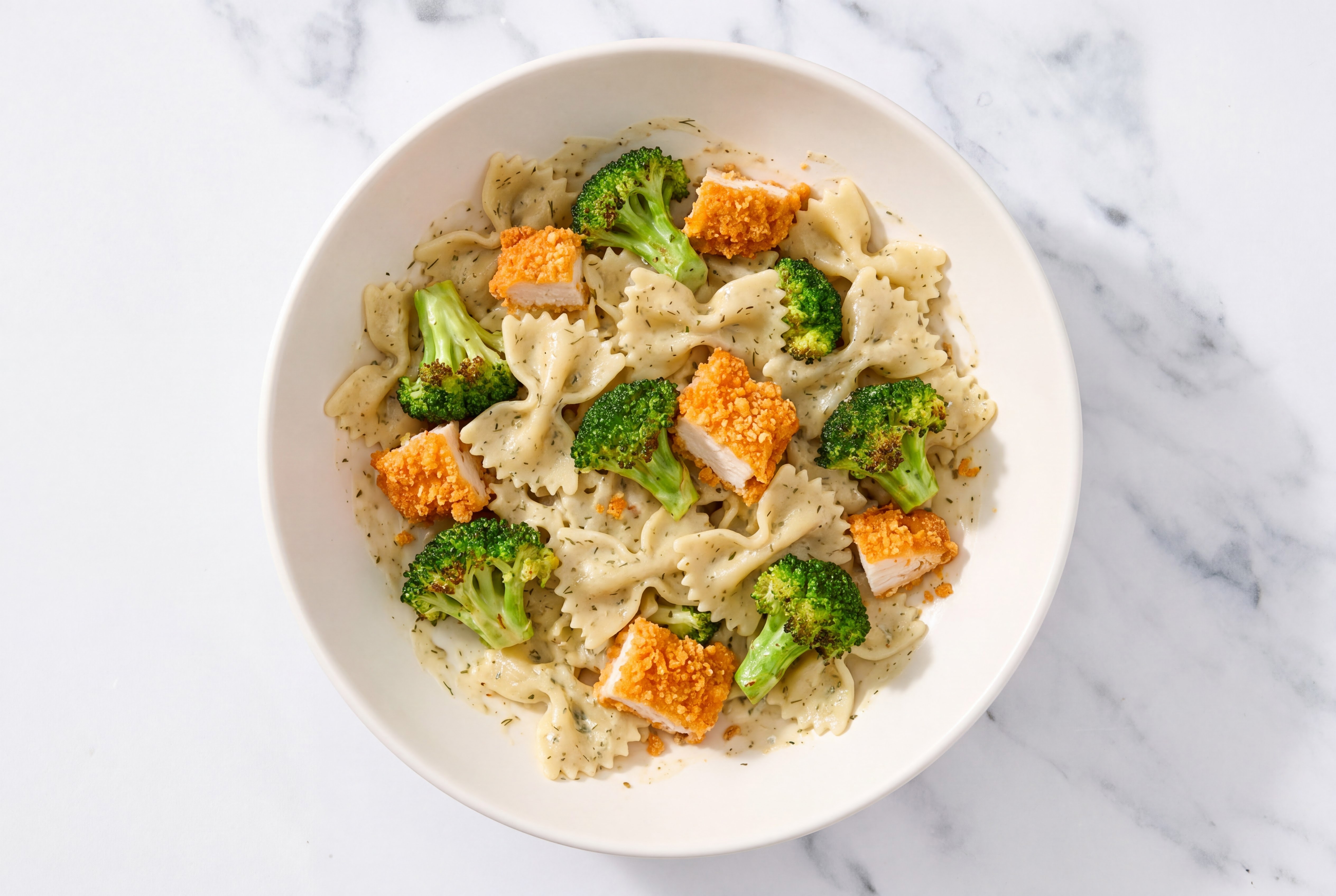 Crispy Hot Honey Chicken over Creamy Farfalle with Broccoli