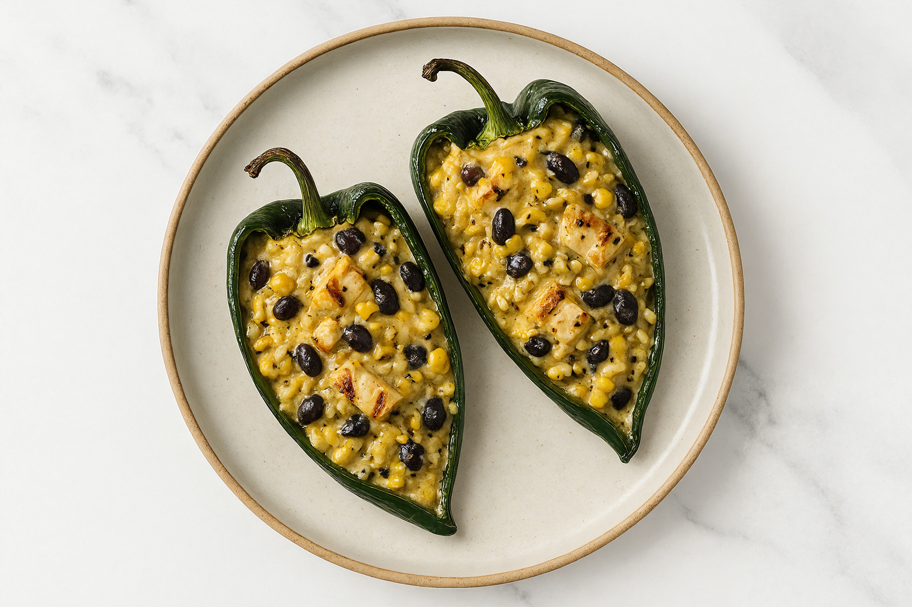 Poblano Peppers Stuffed with Mexican Street Corn + Grilled Seasoned Chicken Breast and Rice with Beans
