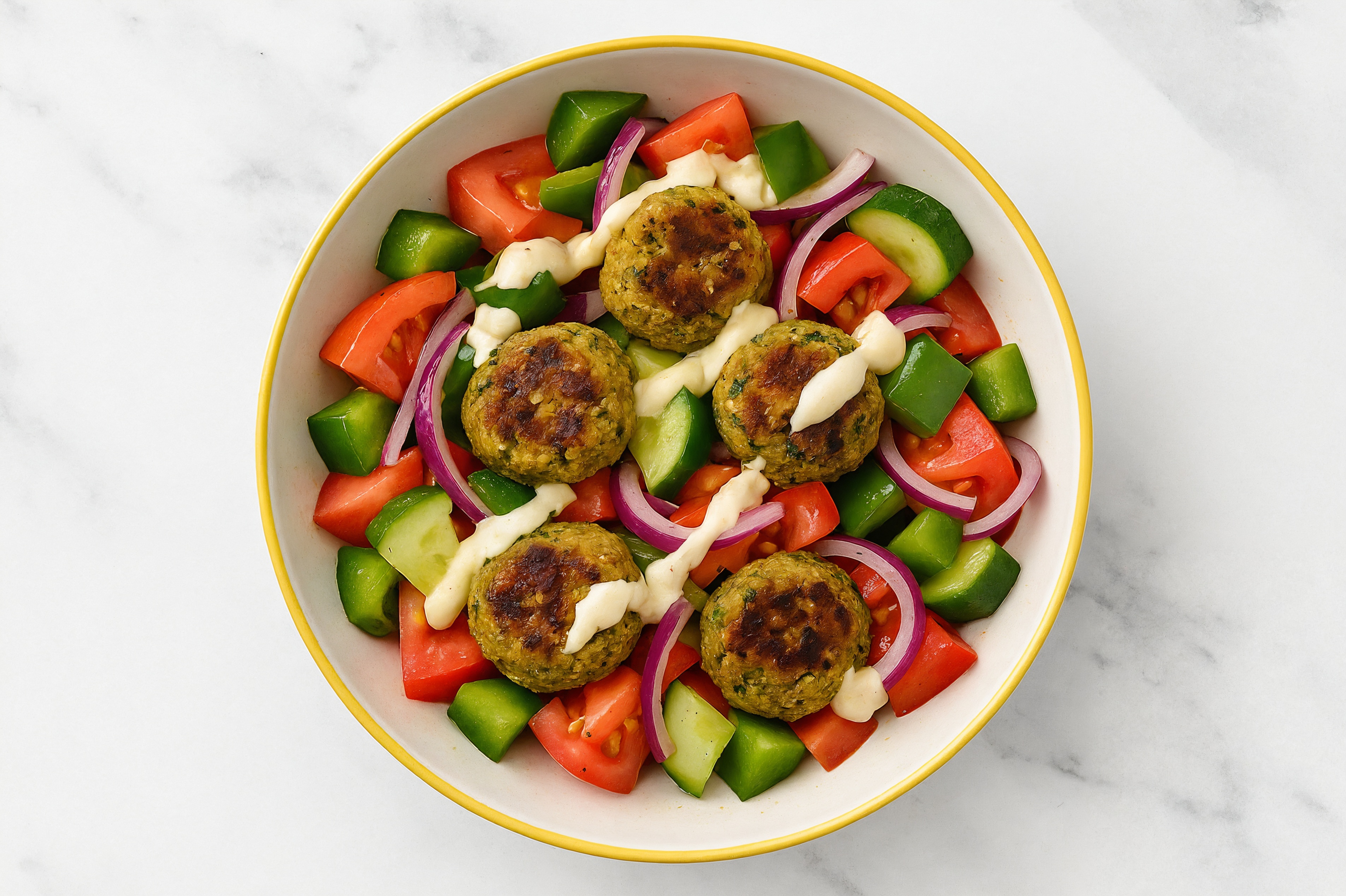 Garlicky Israeli Salad Falafel Bowl