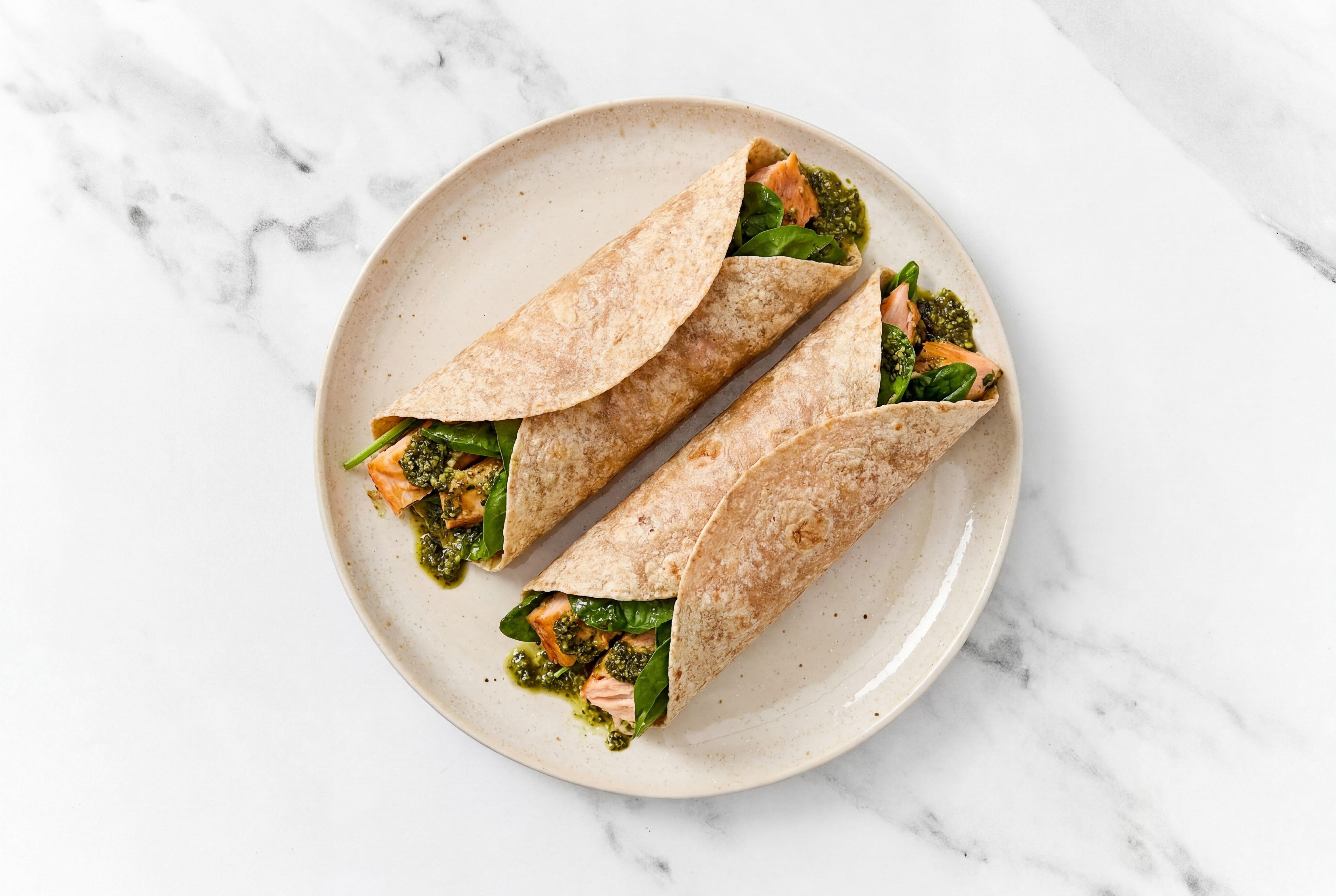 Whole Wheat Hot Smoked Salmon Wrap with Basil Pesto