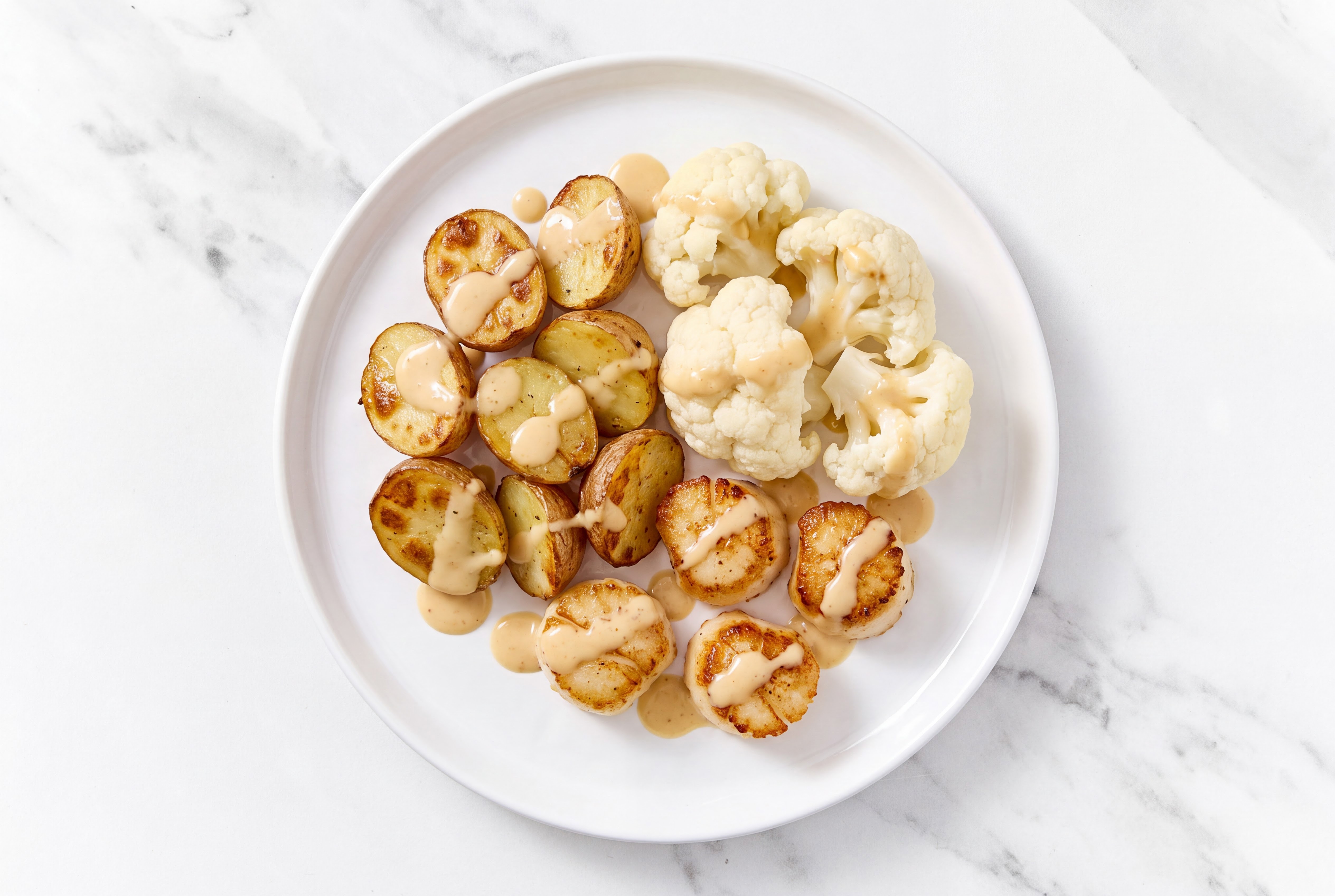 Miso Jumbo Scallops with Organic Potatoes & Cauliflower