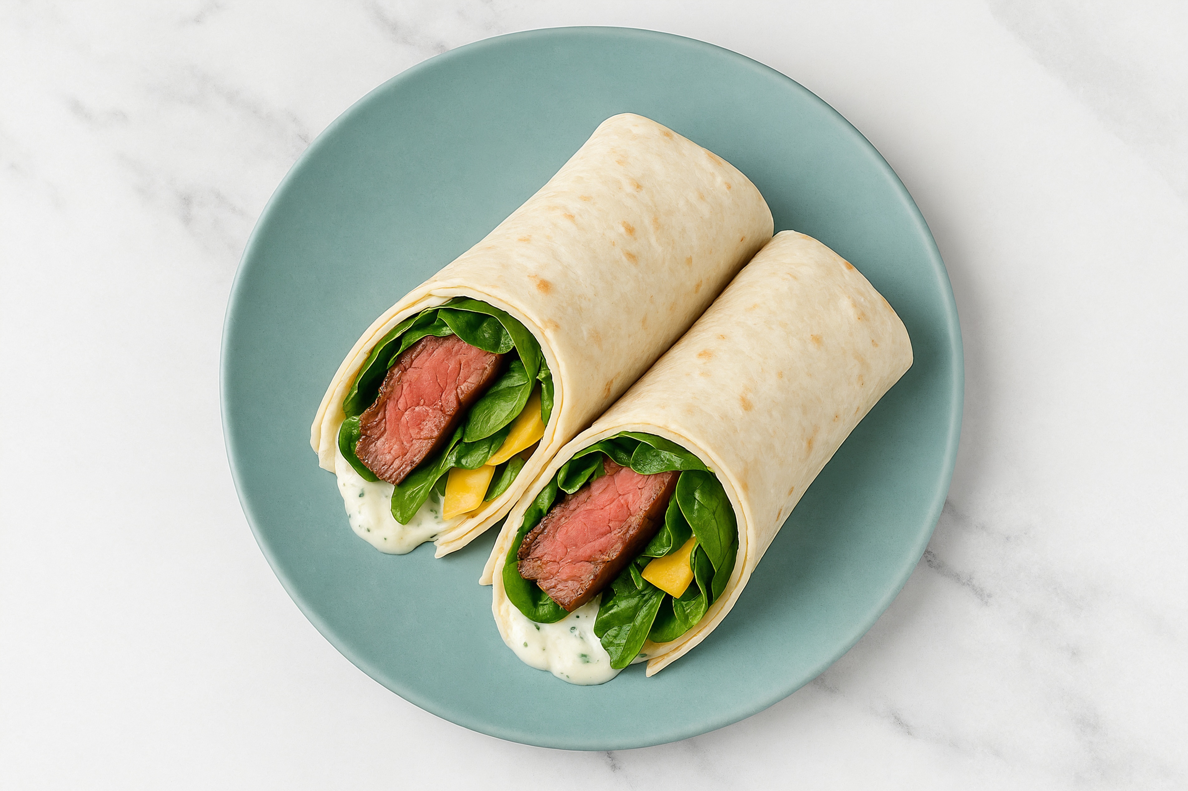 Tzatziki Sliced Steak + Vegan Cheddar Wraps with Spinach
