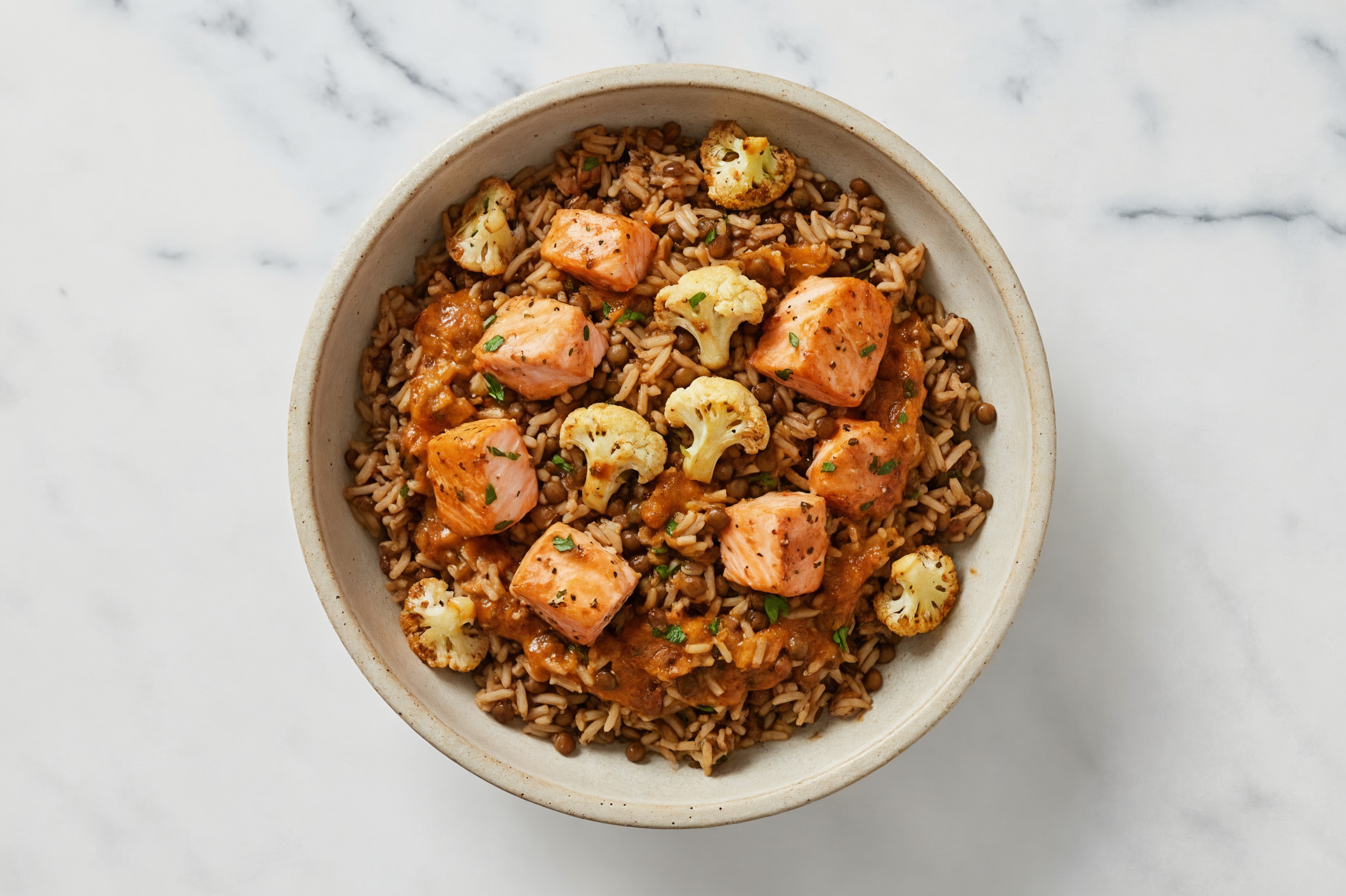 Salmon Tikka Masala over Lentil Quinoa Rice Mix