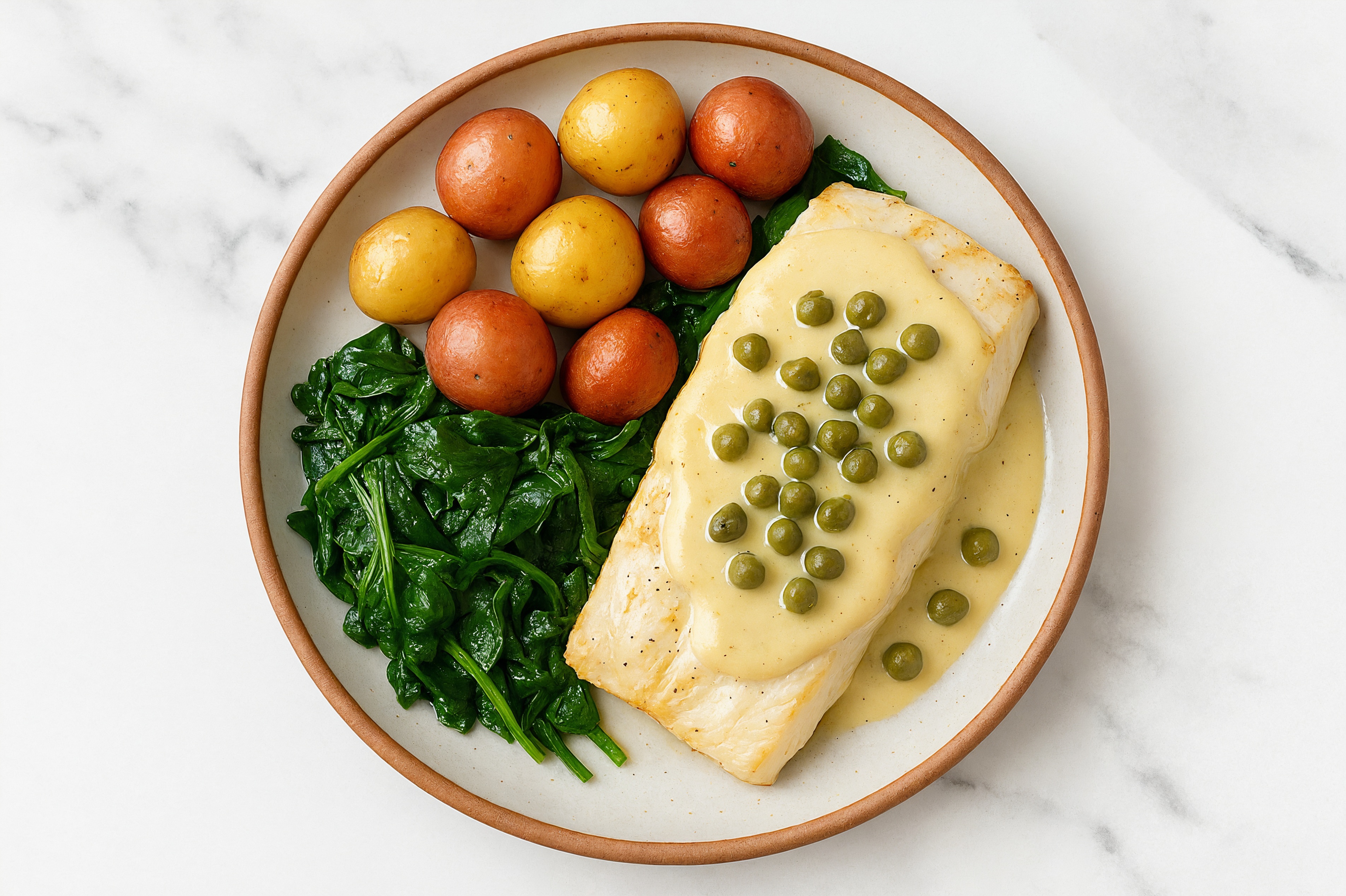 Roasted Halibut with Creamy Caper Dressing with Baby Spinach