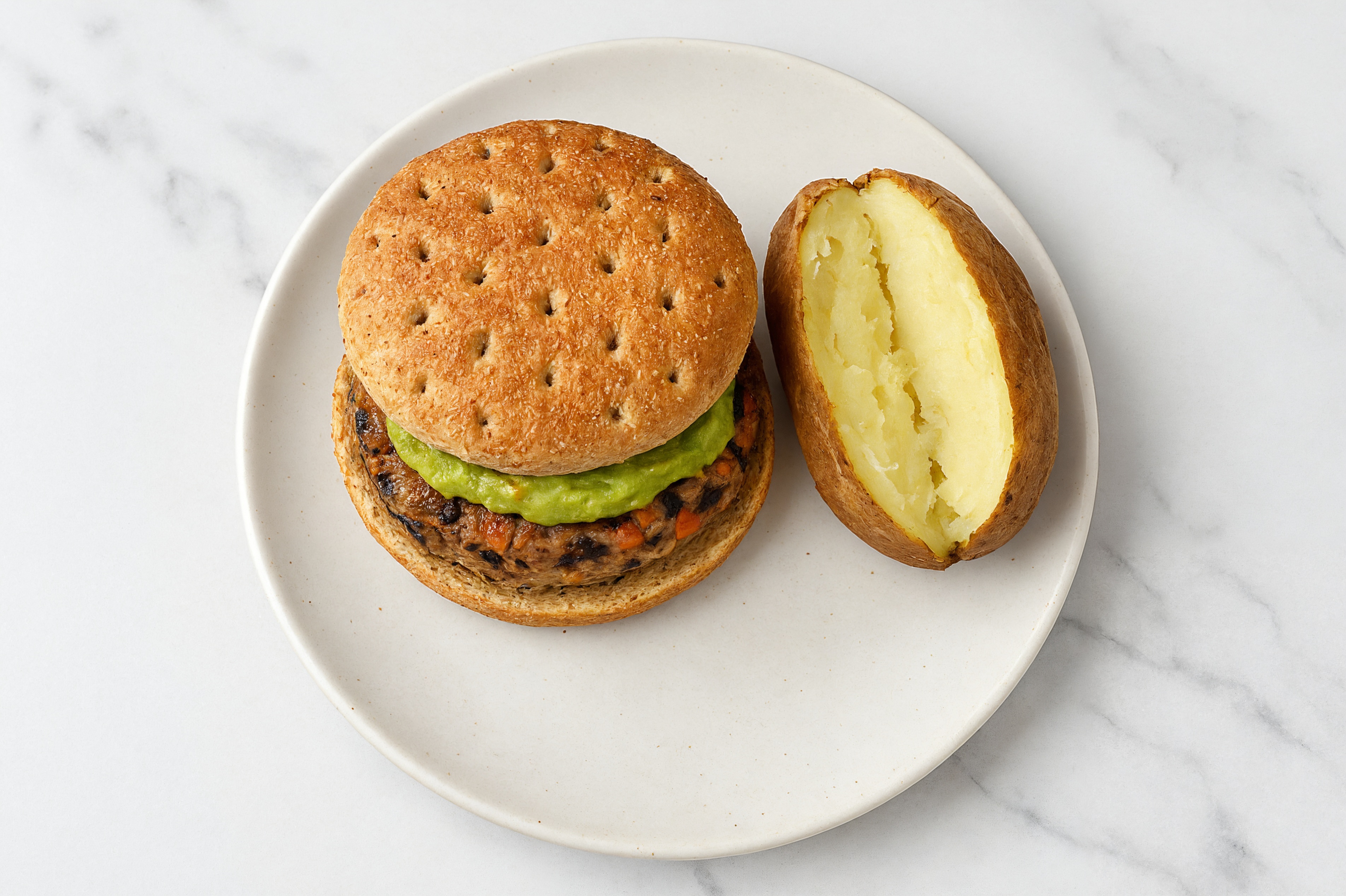 Black Bean Burger with Guacamole + Baked Potato