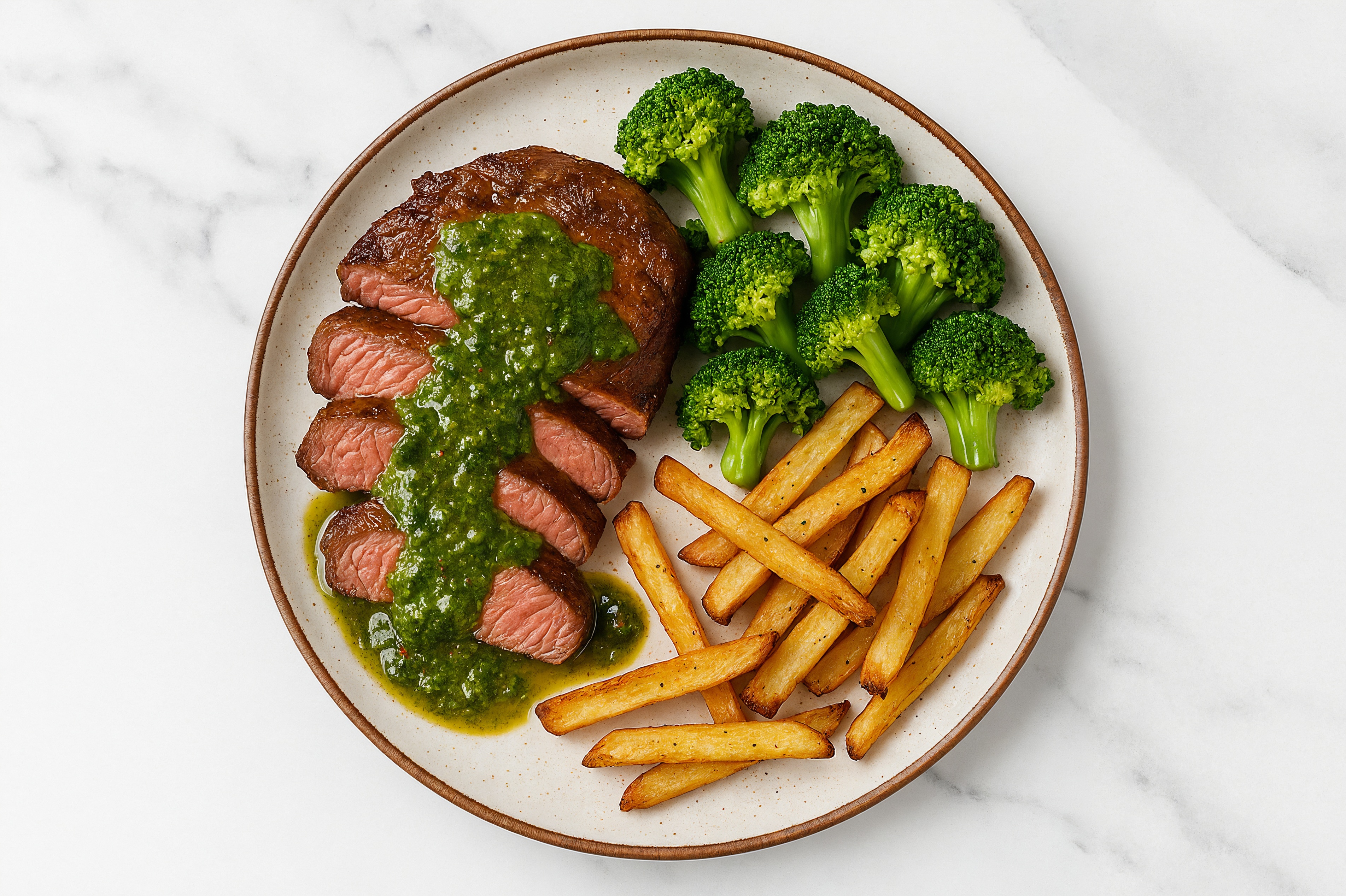 Chimichurri Sirloin with Broccoli + Fries