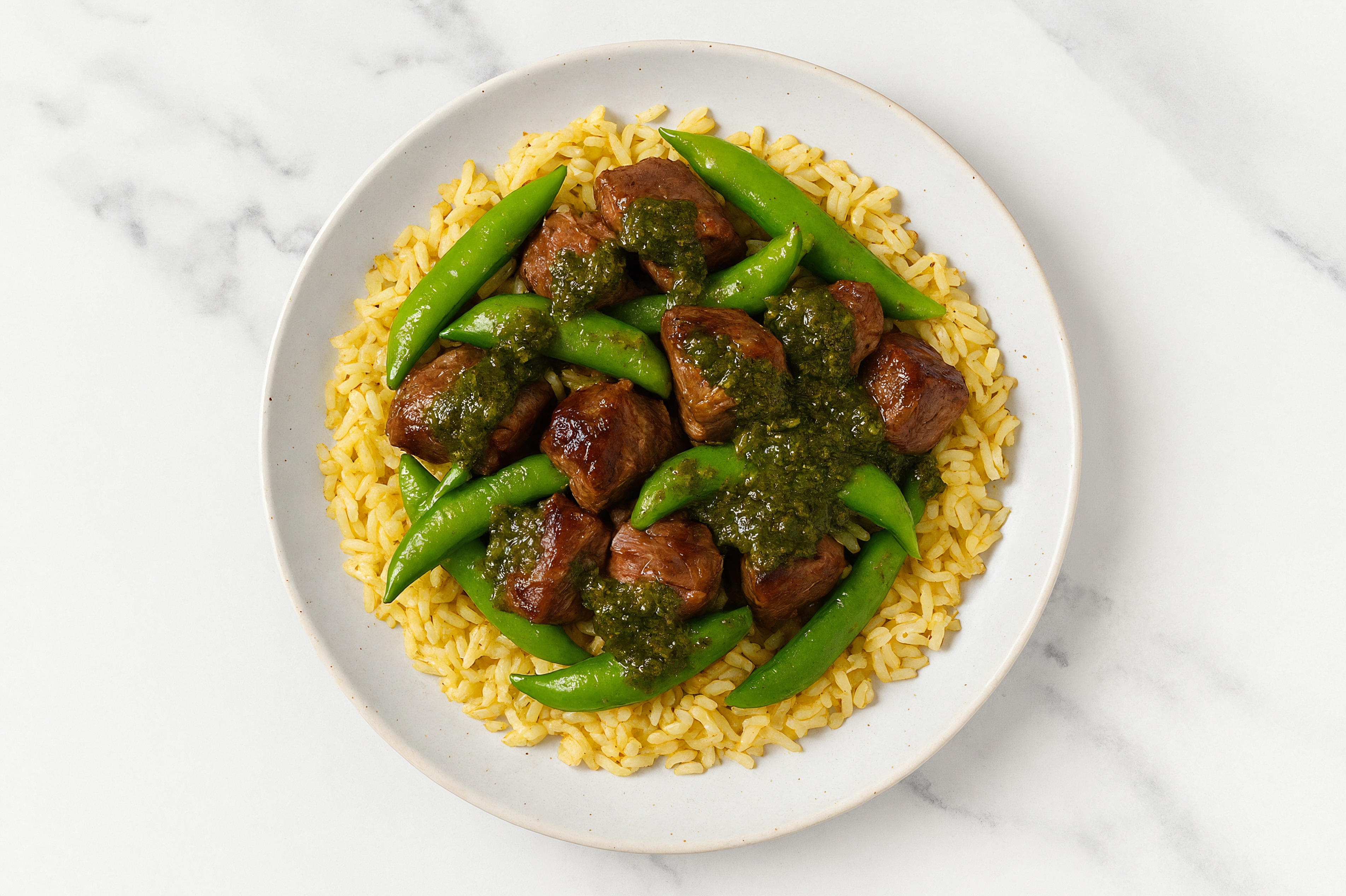 Pesto Seared Lamb + Jasmine Rice Bowl with Snap Peas