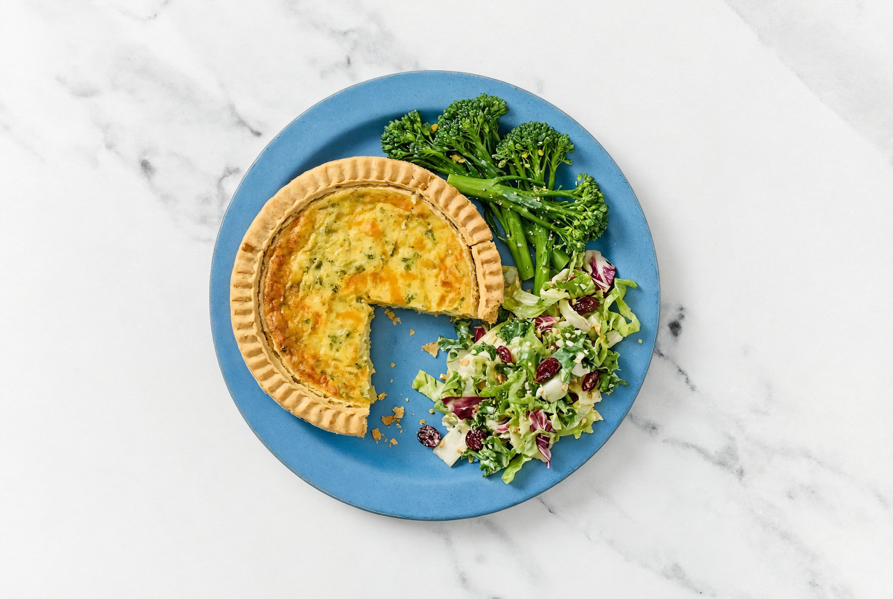 Broccoli & Cheddar Quiche with Baby Broccoli & Honey Citrus Salad