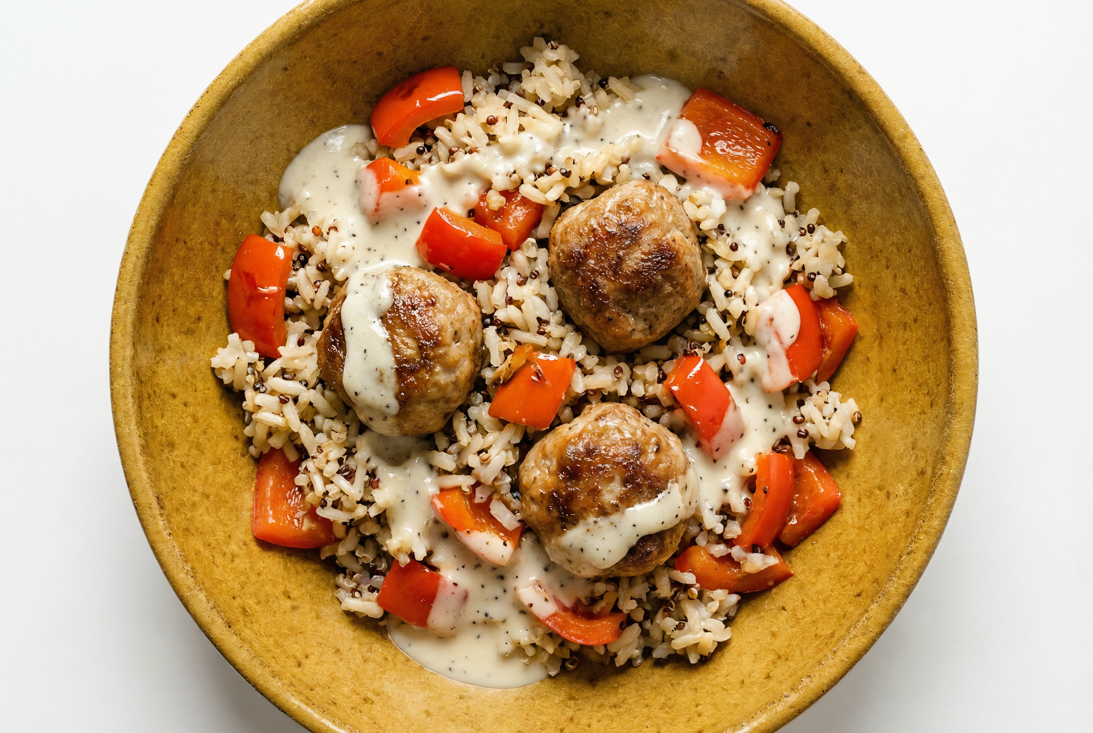 Herby Alfredo Meatball Rice Bowl with Red Bell Pepper