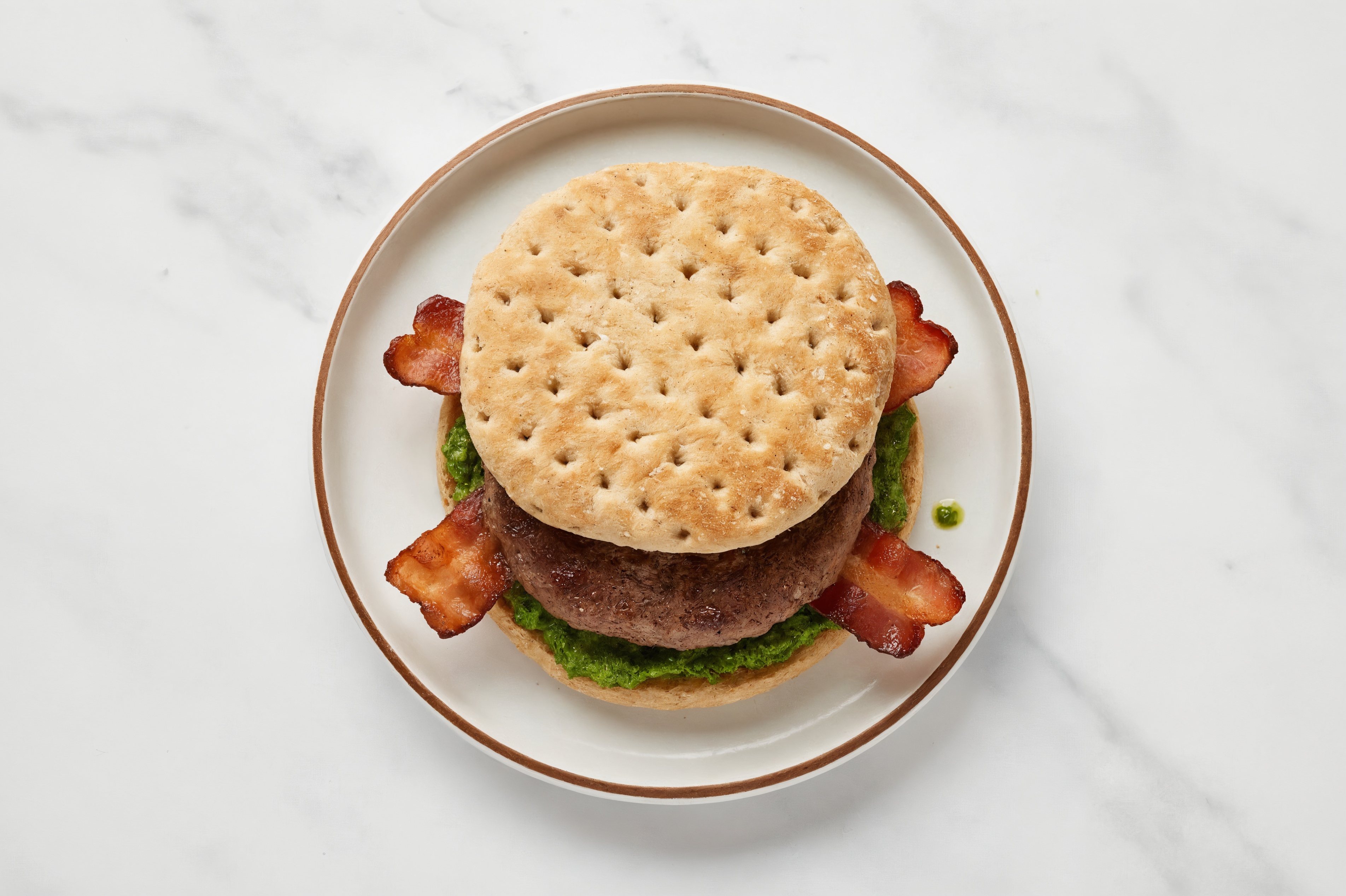 Beef Burger on Multigrain with Spinach Pesto & Applewood Smoked Pork Bacon
