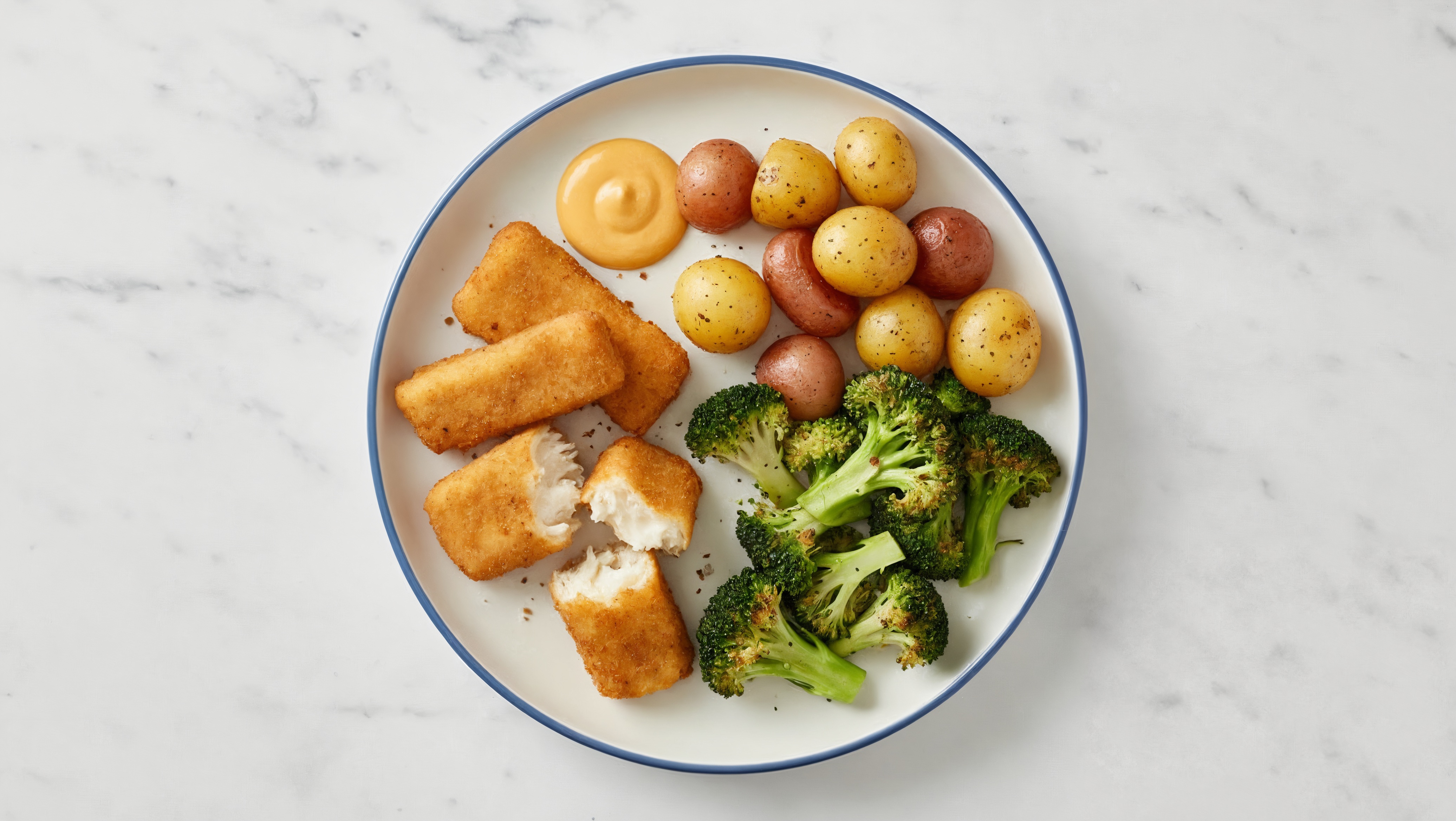 Oven Fried Fish + Roasted Potatoes with Broccoli Florets